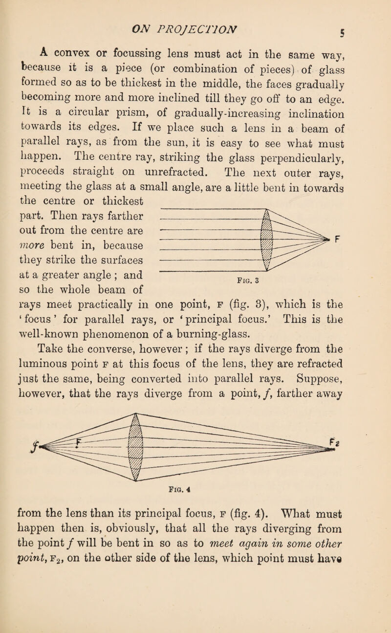 A convex or focussing lens must act in the same way, because it is a piece (or combination of pieces) of glass formed so as to be thickest in the middle, the faces gradually becoming more and more inclined till they go off to an edge. It is a circular prism, of gradually-increasing inclination towards its edges. If we place such a lens in a beam of parallel rays, as from the sun, it is easy to see what must happen. The centre ray, striking the glass perpendicularly, proceeds straight on unrefracted. The next outer rays, meeting the glass at a small angle, are a little bent in towards the centre or thickest part. Then rays farther out from the centre are more bent in, because they strike the surfaces at a greater angle ; and so the whole beam of rays meet practically in one point, f (fig. 3), which is the ‘ focus ’ for parallel rays, or ‘ principal focus.’ This is the well-known phenomenon of a burning-glass. Take the converse, however ; if the rays diverge from the luminous point f at this focus of the lens, they are refracted just the same, being converted into parallel rays. Suppose, however, that the rays diverge from a point, /, farther away from the lens than its principal focus, f (fig. 4). What must happen then is, obviously, that all the rays diverging from the point / will be bent in so as to meet again in some other point, f2, on the other side of the lens, which point must have