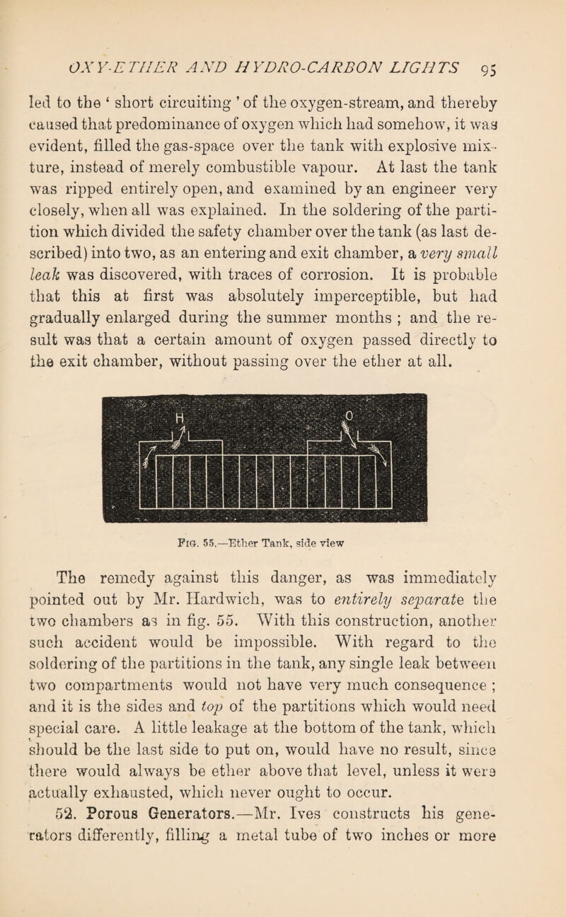 led to the ‘ short circuiting ’ of the oxygen-stream, and thereby caused that predominance of oxygen which had somehow, it was evident, filled the gas-space over the tank with explosive mix¬ ture, instead of merely combustible vapour. At last the tank was ripped entirely open, and examined by an engineer very closely, when all was explained. In the soldering of the parti¬ tion which divided the safety chamber over the tank (as last de¬ scribed) into two, as an entering and exit chamber, a very small leak was discovered, with traces of corrosion. It is probable that this at first was absolutely imperceptible, but had gradually enlarged during the summer months ; and the re¬ sult was that a certain amount of oxygen passed directly to the exit chamber, without passing over the ether at all. Fro. 55.—Ether Tank, side view The remedy against this danger, as was immediately pointed out by Mr. Hardwich, was to entirely separate the two chambers as in fig. 55. With this construction, another such accident would be impossible. With regard to the soldering of the partitions in the tank, any single leak between two compartments would not have very much consequence ; and it is the sides and top of the partitions which would need special care. A little leakage at the bottom of the tank, which 1 should be the last side to put on, would have no result, since there would always be ether above that level, unless it were actually exhausted, which never ought to occur. 52. Porous Generators.—Mr. Ives constructs his gene¬ rators differently, filling a metal tube of two inches or more