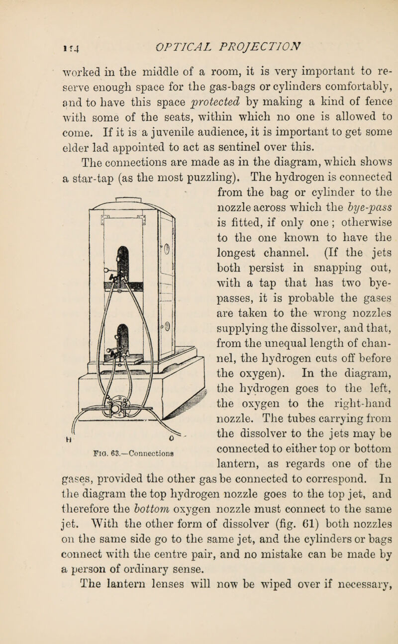 worked in the middle of a room, it is very important to re¬ serve enough space for the gas-bags or cylinders comfortably, and to have this space protected by making a kind of fence with some of the seats, within which no one is allowed to come. If it is a juvenile audience, it is important to get some elder lad appointed to act as sentinel over this. The connections are made as in the diagram, which shows a star-tap (as the most puzzling). The hydrogen is connected from the bag or cylinder to the nozzle across which the bye-pass is fitted, if only one ; otherwise to the one known to have the longest channel. (If the jets both persist in snapping out, with a tap that has two bye- passes, it is probable the gases are taken to the wrong nozzles supplying the dissolver, and that, from the unequal length of chan¬ nel, the hydrogen cuts off before the oxygen). In the diagram, the hydrogen goes to the left, the oxygen to the right-hand nozzle. The tubes carrying from the dissolver to the jets may be connected to either top or bottom lantern, as regards one of the gases, provided the other gas be connected to correspond. In the diagram the top hydrogen nozzle goes to the top jet, and therefore the bottom oxygen nozzle must connect to the same on the same side go to the same jet, and the cylinders or bags connect with the centre pair, and no mistake can be made by a person of ordinary sense. The lantern lenses will now be wiped over if necessary, Fig. 63.—Connections