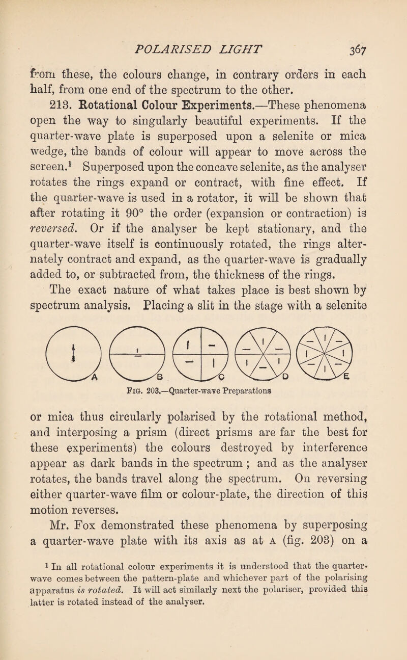 from these, the colours change, in contrary orders in eacli half, from one end of the spectrum to the other. 218. Rotational Colour Experiments.—These phenomena open the way to singularly beautiful experiments. If the quarter-wave plate is superposed upon a selenite or mica wedge, the bands of colour will appear to move across the screen.1 Superposed upon the concave selenite, as the analyser rotates the rings expand or contract, with fine effect. If the quarter-wave is used in a rotator, it will be shown that after rotating it 90° the order (expansion or contraction) is reversed. Or if the analyser be kept stationary, and the quarter-wave itself is continuously rotated, the rings alter¬ nately contract and expand, as the quarter-wave is gradually added to, or subtracted from, the thickness of the rings. The exact nature of what takes place is best shown by spectrum analysis. Placing a slit in the stage with a selenite Fig-. 203.—Quarter-wave Preparations or mica thus circularly polarised by the rotational method, and interposing a prism (direct prisms are far the best for these experiments) the colours destroyed by interference appear as dark bands in the spectrum ; and as the analyser rotates, the bands travel along the spectrum. On reversing either quarter-wave film or colour-plate, the direction of this motion reverses. Mr. Fox demonstrated these phenomena by superposing a quarter-wave plate with its axis as at a (fig. 208) on a 1 In all rotational colour experiments it is understood that the quarter- wave comes between the pattern-plate and whichever part of the polarising apparatus is rotated. It will act similarly next the polariser, provided this latter is rotated instead of the analyser.