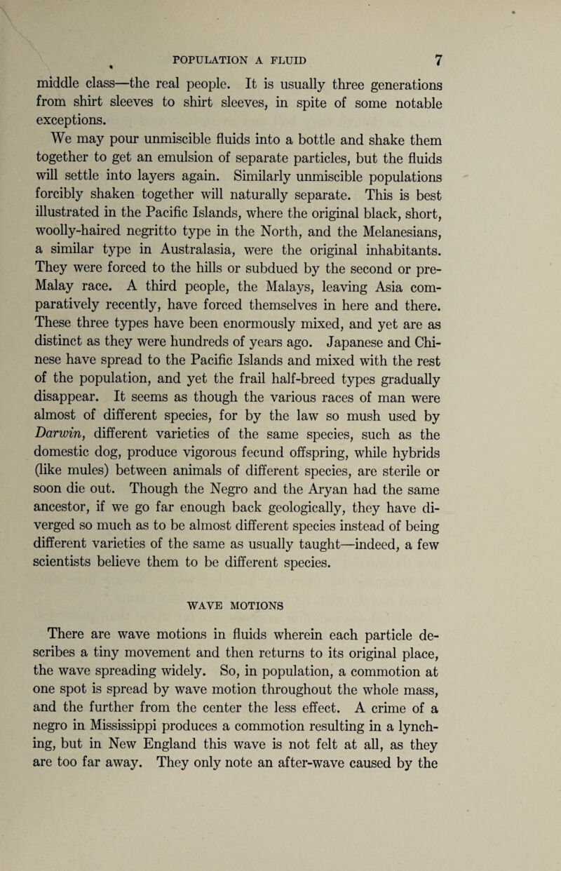 % middle class—the real people. It is usually three generations from shirt sleeves to shirt sleeves, in spite of some notable exceptions. We may pour unmiscible fluids into a bottle and shake them together to get an emulsion of separate particles, but the fluids will settle into layers again. Similarly unmiscible populations forcibly shaken together will naturally separate. This is best illustrated in the Pacific Islands, where the original black, short, woolly-haired negritto type in the North, and the Melanesians, a similar type in Australasia, were the original inhabitants. They were forced to the hills or subdued by the second or pre- Malay race. A third people, the Malays, leaving Asia com¬ paratively recently, have forced themselves in here and there. These three types have been enormously mixed, and yet are as distinct as they were hundreds of years ago. Japanese and Chi¬ nese have spread to the Pacific Islands and mixed with the rest of the population, and yet the frail half-breed types gradually disappear. It seems as though the various races of man were almost of different species, for by the law so mush used by Darwin, different varieties of the same species, such as the domestic dog, produce vigorous fecund offspring, while hybrids (like mules) between animals of different species, are sterile or soon die out. Though the Negro and the Aryan had the same ancestor, if we go far enough back geologically, they have di¬ verged so much as to be almost different species instead of being different varieties of the same as usually taught—indeed, a few scientists believe them to be different species. WAVE MOTIONS There are wave motions in fluids wherein each particle de¬ scribes a tiny movement and then returns to its original place, the wave spreading widely. So, in population, a commotion at one spot is spread by wave motion throughout the whole mass, and the further from the center the less effect. A crime of a negro in Mississippi produces a commotion resulting in a lynch¬ ing, but in New England this wave is not felt at all, as they are too far away. They only note an after-wave caused by the