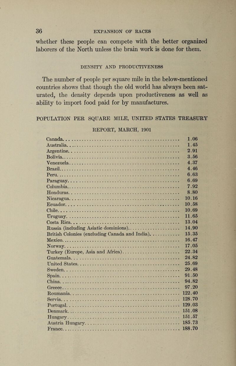 whether these people can compete with the better organized laborers of the North unless the brain work is done for them. DENSITY AND PRODUCTIVENESS The number of people per square mile in the below-mentioned countries shows that though the old world has always been sat¬ urated, the density depends upon productiveness as well as ability to import food paid for by manufactures. POPULATION PER SQUARE MILE, UNITED STATES TREASURY REPORT, MARCH, 1901 Canada. 1.06 Australia. 1.45 Argentine. 2.91 Bolivia. 3.56 Venezuela. 4.37 Brazil. 4.46 Peru. 6.63 Paraguay. 6.69 Columbia. 7.92 Honduras. 8.80 Nicaragua. 10.16 Ecuador. 10.58 Chile. 10.69 Uruguay. 11.65 Costa Rica. 13.04 Russia (including Asiatic dominions). 14.90 British Colonies (excluding Canada and India). 15.35 Mexico. 16.47 Norway. 17.05 Turkey (Europe, Asia and Africa). 22.34 Guatemala. 24.82 United States. 25.69 Sweden. 29.48 Spain. 91.50 China. 94.82 Greece. 97.20 Roumania. 122.40 Servia. 128.70 Portugal. 129.03 Denmark. 151.08 Hungary. 151.57 Austria Hungary.. 185.73 France. 188.70