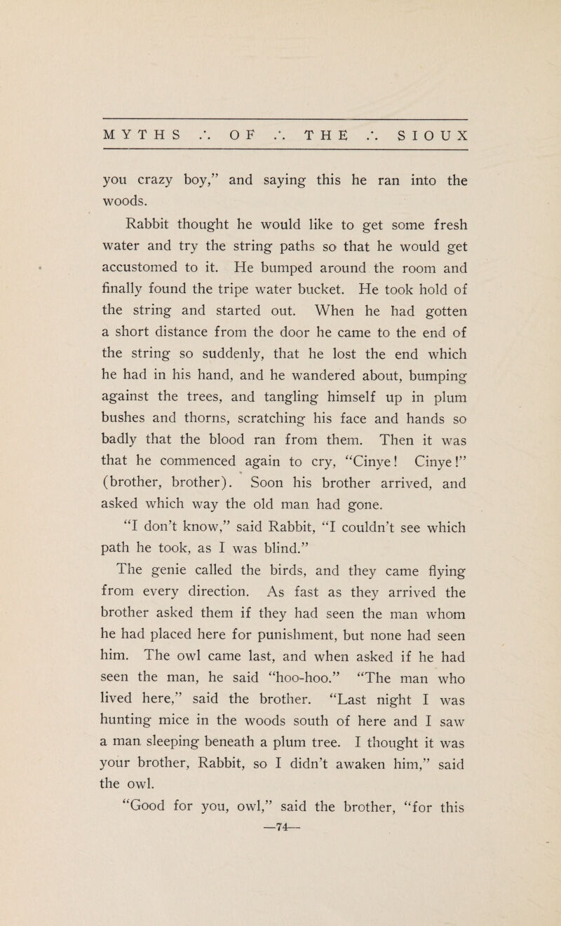 you crazy boy,” and saying this he ran into the woods. Rabbit thought he would like to get some fresh water and try the string paths so that he would get accustomed to it. He bumped around the room and finally found the tripe water bucket. He took hold of the string and started out. When he had gotten a short distance from the door he came to the end of the string so suddenly, that he lost the end which he had in his hand, and he wandered about, bumping against the trees, and tangling himself up in plum bushes and thorns, scratching his face and hands so badly that the blood ran from them. Then it was that he commenced again to cry, “Cinye! Cinye !” \* (brother, brother). Soon his brother arrived, and asked which way the old man had gone. “I don’t know,” said Rabbit, “I couldn’t see which path he took, as I was blind.” The genie called the birds, and they came flying from every direction. As fast as they arrived the brother asked them if they had seen the man whom he had placed here for punishment, but none had seen him. The owl came last, and when asked if he had seen the man, he said “hoo-hoo.” “The man who lived here,” said the brother. “Last night I was hunting mice in the woods south of here and I saw a man, sleeping beneath a plum tree. I thought it was your brother, Rabbit, so I didn’t awaken him,” said the owl. “Good for you, owl,” said the brother, “for this —74-