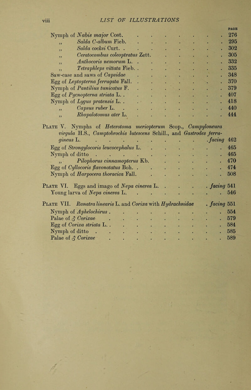 PAGE Nymph of Nabis major Cost. . . . . . . .276 „ Saida C-album Fieb. ....... 295 „ Saida cocksi Curt. ........ 302 ,, Ceratocombus coleoptratus Zett. ..... 305 „ Anthocoris nemorum L. . . . . . . . 332 ,, Tetraphleps vittata Fieb. ....... 335 Saw-case and saws of Capsidae ....... 348 Egg of Leptopterna ferrugata Fall. ....... 370 Nymph of Pantilius tunicatus F. . . . . . .379 Egg of Pycnopterna striata L. . . . . . . . . 407 Nymph of Lygus pratensis L. . . . . . . . .418 „ Capsus ruber L. ....... 440 „ jRhopalotomus ater L. . . . . . . 444 Plate Y. Nymphs of Heterotoma meriopterum Scop., Campyloneura virgula H.S., Camptobrochis lutescens Schill., and Gastrodes Jerru- gineusL. . . . . . . . .facing 462 Egg of Strongylocoris leucocephalus L. . . . . . 465 Nymph of ditto .......... 465 ,, Pilophorus cinnamopterus Kb. . . . . .470 Egg of Cyllocoris flavonotatus Boh. ....... 474 Nymph of Harpocera thoracica Fall. . . . . . . 508 Plate VI. Eggs and imago of Nepa cinerea L. . . . . facing 541 Young larva of Nepa cinerea L. . . . . . . 546 Plate VII. Ranatra linearis L. and Corixa with Hydrachnidae . facing 551 Nymph of Aphelochirus ......... 554 Palae of $ Corixae- ......... 579 Egg of Corixa striata L. . . . . . . . . . 584 Nymph of ditto .......... 585 Palae of $ Corixae ......... 589