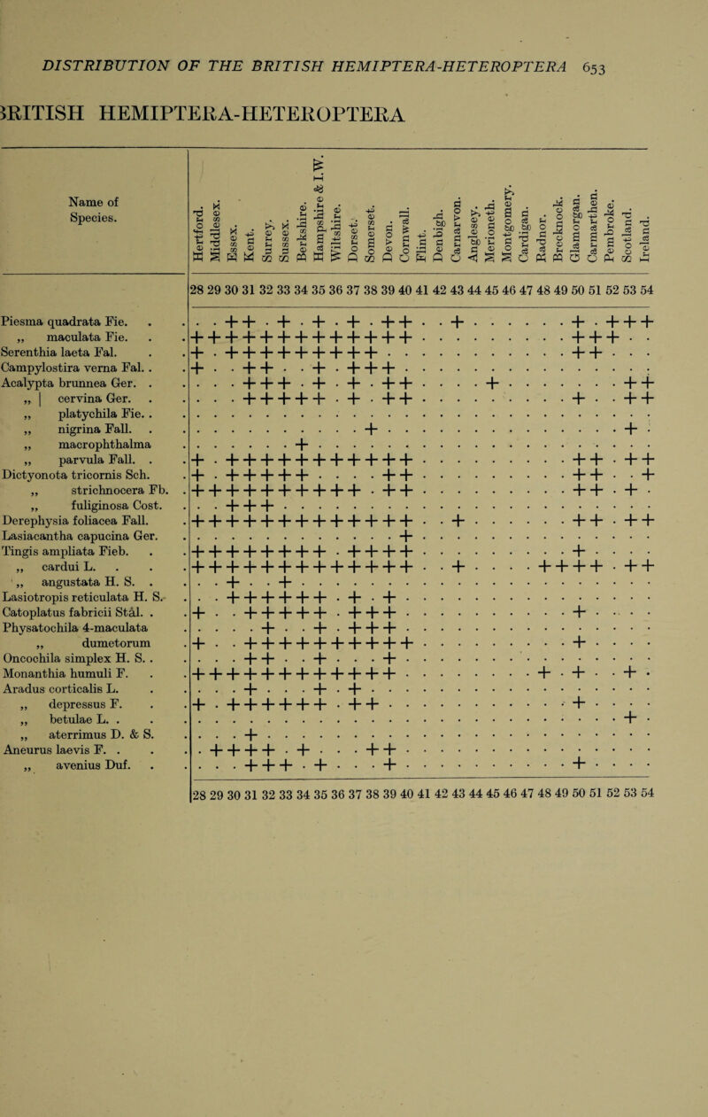 BRITISH HEMIPTERA-HETEROPTERA Name of Species. Piesma quadrata Fie. „ maculata Fie. Serenthia laeta Fal. Campylostira verna Fal. Acalypta brunnea Ger. „ | cervina Ger. ,, platychila Fie. ,, nigrina Fall. „ macrophthalma „ parvula Fall. Dictyonota tricornis Sell. ,, strichnocera Fb. „ fuliginosa Cost. Derephysia foliacea Fall. Lasiacantha capucina Ger. Tingis ampliata Fieb. „ cardui L. '„ angustata H. S. . T3 © o MH +=> © © © ai © ■—1 tJ T5 d © © © © d © w d m =8 © Fh * a § W O ; d °S pp H ^ <D Vi £ m r* Vi ■+=» <D go v O ft 4^ <D m v O B o m d o t> © P .d bD • r—I d © O V P d o > © eg d © eg Q © 00 © A -© © d o Fh © !>> Fh © a o be -©> id a © ° « d eg bo Fh O d eg © O d eg be Fh O d © d! +3 Fh eg eg bC d u—. m -5 hh r—h m uh © © Fh © eg © o © a © ro d P -© o © T3 d eg © © 28 29 30 31 32 33 34 35 36 37 38 39 40 41 42 43 44 45 46 47 48 49 50 51 52 53 54 ••++•+•+.+•++ h—i—i—i—i—i—i—i—i—i—i—i—i- -+- • h—i—i—i—i—i—i—i—i- - • + • • ++ . • + • + 4“ + • + + + .+.+.++ 4-4- ++ 4- • 4 • 4-4- + • + • + + + . + + + • • • 4- 4- • • • + + + + 4- 4- + + + + 4- 4- + + + + • • + . . -i- . + + 4- 4- + + • • + + + + 4-4-4- + + + + • • + + + ++++++ • • • • 4“ 4- + + + • + + + + + + + + + + • + + • + + + + + + + + + • + + + + + + . + • ++++++ • •+• . 4- • • • • + • + + + 4 • • • • ■4—i—i—i—i—* • + • .++•++ . . + . + + + + + + Lasiotropis reticulata H. S. • • + + + + + + . + • +. Catoplatus fabricii Stal. . + • • H—1—1—1—h • 4- + 4-. Physatochila 4-maculata . . . . 4- • *4“ • 4- 4- 4-. ....+. „ dumetorum + ••++++++++++. Oncochila simplex H. S. . . . . + + • • + • + • Monanthia humuli F. ++++++++ + + + +. . . + • + . Aradus corticalis L. . . . + . . • + • *|-. . • „ depressus F. + • + 4- + + + 4- • ++. Aneurus laevis F. . • +4-4-+ • + • • • + +. ,, avenius Duf. • • • 4- 4- + • + 28 29 30 31 32 33 34 35 36 37 38 39 40 41 42 43 44 45 46 47 48 49 50 51 52 53 54
