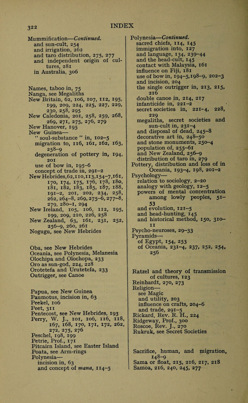 Mummification—Continued. and sun-cult, 254 and irrigation, 262 and taro distribution, 275, 277 and independent origin of cul¬ tures, 281 in Australia, 306 Names, taboo in, 75 Nanga, see Megaliths New Britain, 62, 106, 107, 112, 195, 199, 209, 224, 225, 227, 229, 230, 258, 295 New Caledonia, 201, 258, 259, 268, 269, 271, 275, 276, 279 New Hanover, 195 New Guinea— “ soul-substance ” in, 102-5 migration to, 116, 161, 162, 163, 258-9 degeneration of pottery in, 194, 201 use of bow in, 195-6 concept of trade in, 291-2 New Hebrides,62,110,113,154-7,161, 170, 174, 175, 176, 178, 180, 181, 182, 183, 185, 187, 188, 191-2, 201, 202, 234, 258, 262, 264-8, 269, 275-6,277-8, 279, 280-1, 294 New Ireland, 105, 106, 112, 195, 199, 209, 210, 226, 258 New Zealand, 63, 161, 231, 252, 256-9, 260, 261 Nogugu, see New Hebrides Oba, see New Hebrides Oceania, see Polynesia, Melanesia Olochipa and Olochopa, 233 Oro as sun-god, 224, 228 Orotetefa and Urutetefa, 233 Outrigger, see Canoe Papua, see New Guinea Paumotus, incision in, 63 Peekel, 106 Peet, 311 Pentecost, see New Hebrides, 193 Perry, W. J., 101, 106, 116, 118, 167, 168, 170, 171, 172, 262, 272, 275, 276 Peschel, 198, 199 Petrie, Prof., 171 Pitcairn Island, see Easter Island Poata, see Arm-rings Polynesia— incision in, 63 and concept of mana, 114-5 Polynesia—Continued. sacred chiefs, 114, 145 immigration into, 127 and language, 134, 239-44 and the head-cult, 145 contact with Malaysia, 161 influence on Fiji, 181 use of bow in, 194-5,198-9, 202-3 and incision, 204 the single outrigger in, 213, 215, 216 double canoe in, 214, 217 infanticide in, 221-2 secret societies in, 221-4, 228, 229 megaliths, secret societies and sun-cult in, 231-4 and disposal of dead, 245-8 decorative art in, 248-50 and stone monuments, 250-4 population of, 255-61 and New Zealand, 256—9 distribution of taro in, 279 Pottery, distribution and loss of in Oceania, 193-4, 201-2 Psychology— relation to sociology, 2-20 analogy with geology, 12-5 powers of mental concentration among lowly peoples, 51- 53 and evolution, 121-5 and head-hunting, 145 and historical method, 150, 310- 11 Psycho-neuroses, 29-33 Pyramids— of Egypt, 154, 253 of Oceania, 231-4, 237, 252, 254, 256 Ratzel and theory of transmission of cultures, 123 Reinhardt, 270, 273 Religion— see Magic and utility, 203 influence on crafts, 204-6 and trade, 291-5 Rickard, Rev. R. H., 224 Ridgeway, Prof., 300 Roscoe, Rev. J., 270 Rukruk, see Secret Societies Sacrifice, human, and migration, 148-9 Sama or float, 215, 216, 217, 218 Samoa, 216, 240, 245, 277