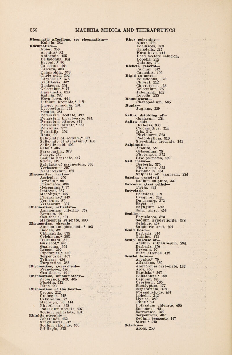 Rheumatic affections, see rheumatism— Kalmia, 382 Rheumatism— Abies. 350 Aconite,* 82 Anthemis, 155 Belladonna, 184 Bryonia,* 90 Capsicum, 164 Cascara, 303 Chimaphila, 378 Citric acid, 392 Corydalis,* 376 Gaultheria, 402 Guaiacum, 351 Gelsemium,* 77 Hamamelis, 389 Kalmia, 382 Kava kava, 444 Lithium bromide,* 118 Liquor ammonia, 191 Lycopodium, 271 Mentha, 281 Potassium acetate, 497 Potassium bicarbonate, 341 Potassium citrate, 341 Potassium nitrate,* 454 Polymnia, 327 Pulsatilla, 152 Rhus, 92 Salicylate of sodium,* 404 Salicylate of strontium,* 406 Salicylic acid, 403 Salol,* 405 Sarsaparilla, 372 Senega, 384 Sodium benzoate, 447 Sticta, 249 Sulphate of magnesium, 333 Verbascum, 397 Xanthoxylum, 166 Rheumatism, acute— Asclepias, 250 Bryonia,* 90 Franciscea, 386 Gelsemium,* 77 Ichthyol, 387 Macrotys,* 145 Piperazine,* 449 Veratrum, 87 Verbascum, 397 Rheumatism, articular— Ammonium chloride, 258 Bryonia, 90 Gaultheria, 401 Magnesium sulphate, 333 Rheumatism, chronic— Ammonium phosphate,* 193 Boldus, 321 Chimaphila, 378 Colchieum,* 383 Dulcamara, 371 Guaiacol,* 483 Guaiacum, 351 Lemon, 392 Piperazine,* 449 Serpentaria, 467 Triticum, 430 Turpentine, 255 Rheumatism, gonorrheal— Franciscea, 386 Gaultheria, 401 Rheumatism, inflammatory— Jaborandi, 463, 465 Piscidia, 111 Rhus, 93 Rheumatism of the heart*— Cactus, 212 Crataegus, 218 Gelsemium, 72 Macrotys, 96, 144 Phytolacca, 375 Potassium acetate, 407 Sodium salicylate, 404 Rhinitis atrophic— Jaborandi, 462 Sanguinaria, 242 Sodium chloride, 338 Stillingia, 375 Rhus poisoning— Alnus, 274 Echinacea, 363 Grindelia, 247 Kava kava, 444 Lead acetate solution, Lobelia, 235 Quinine, 171 Rickets, general— Calcium, 342 Cannabis, 106 Rigid os uteri— Belladonna, 178 Chloral, 112 Chloroform, 136 Gelsemium, 75 Jaborandi, 462 Lobelia, 235 Roundworm— Chenopodium, 505 Rupia— Juglans, 329 Saliva, dribbling of— Guaiacum, 351 Sallow skin— Berberis, 380 Chionanthus, 314 Iris, 312 Phytolacca, 373 Podophyllum, 310 Strychnine arsenate, 161 Salpingitis— Aconite, 79 Gelsemium, 75 Phytolacca, 373 Saw palmetto, 459 Salt rheum— Berberis, 370 Phytolacca, 373 Sambucus, 451 Sulphate of magnesia, 334 Sarcina ventriculi— Sodium sulphite, 337 Sarcoma, giant celled— Thuja, 393 Satyriasis— Bromides, 118 Camphor, 209 Dulcamara, 372 Ergot, 140 Eryngium, 432 Salix nigra, 456 Scabies— Phytolacca, 373 Sodium hyposulphite, 338 Sulphur, 498 Sulphuric acid, 294 Scald head— Berberis, 370 Quinine, 171 Scalp, disease of— Acidum sulphurosum, 294 Berberis, 370 Bryonia, 97 Ferri arsenas, 418 Scarlet fever— Aconite,* 79 Ailanthus, 369 Ammonium carbonate, 192 Apis, 450 Baptisia,* 367 Belladonna,* 182 Cajuput, 349 Capsicum, 165 Eucalyptus, 177 Eupatorium, 439 Formaldehyde, 497 Lobelia, 242 Myrica, 380 Rhus,* 93 Potassium chlorate, 40S Sambucus, 451 Sarracenia, 399 Serpentaria, 467 Sodium benzoate, 447 Sticta,* 249 Sciatica— Abies, 250