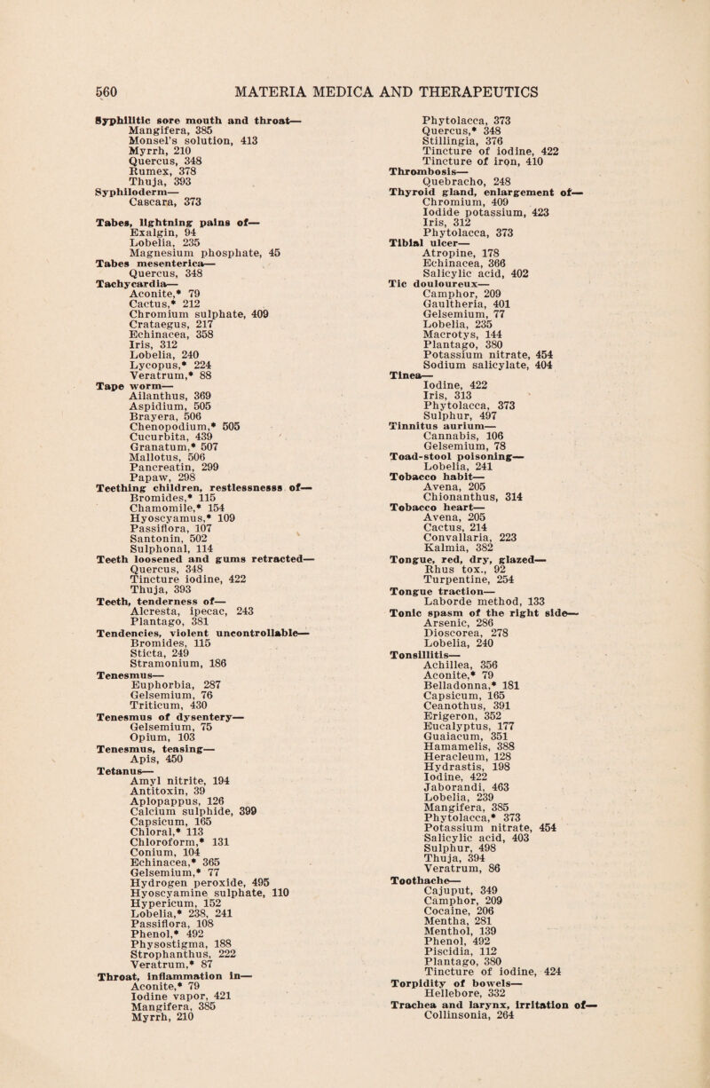 Syphilitic sore mouth and throat— Mangifera, 385 Monsel’s solution, 413 Myrrh, 210 Quercus, 348 Rumex, 378 Thuja, 303 Syphiloderm— Cascara, 373 Tabes, lightning pains of— Exalgin, 94 Lobelia, 235 Magnesium phosphate, 45 Tabes mesenterica— Quercus, 348 Tachycardia— Aconite,* 79 Cactus,* 212 Chromium sulphate, 409 Crataegus, 217 Echinacea, 358 Iris, 312 Lobelia, 240 Lycopus,* 224 Veratrum,* 88 Tape worm— Ailanthus, 369 Aspidium, 505 Brayera, 506 Chenopodium,* 505 Cucurbita, 439 Granatum,* 507 Mallotus, 506 Pancreatin, 299 Papaw, 298 Teething children, restlessnesss of— Bromides,* 115 Chamomile,* 154 Hyoscyamus,* 109 Passiflora, 107 Santonin, 502 Sulphonal, 114 Teeth loosened and gums retracted— Quercus, 348 Tincture iodine, 422 Thuja, 393 Teeth, tenderness of— Alcresta, ipecac, 243 Plantago, 381 Tendencies, violent Uncontrollable- Bromides, 115 Sticta, 249 Stramonium, 186 Tenesmus— Euphorbia, 287 Gelsemium, 76 Triticum, 430 Tenesmus of dysentery— Gelsemium, 75 Opium, 103 Tenesmus, teasing— Apis, 450 Tetanus— Amyl nitrite, 194 Antitoxin, 39 Aplopappus, 126 Calcium sulphide, 399 Capsicum, 165 Chloral,* 113 Chloroform,* 131 Conium, 104 Echinacea,* 365 Gelsemium,* 77 Hydrogen peroxide, 495 Hyoscyamine sulphate, 110 Hypericum, 152 Lobelia,* 238, 241 Passiflora, 108 Phenol,* 492 Physostigma, 188 Strophanthus, 222 Veratrum,* 87 Throat, inflammation in— Aconite,* 79 Iodine vapor, 421 Mangifera, 385 Myrrh, 210 Phytolacca, 373 Quercus,* 348 Stillingia, 376 Tincture of iodine, 422 Tincture of iron, 410 Thrombosis— Quebracho, 248 Thyroid gland, enlargement of— Chromium, 409 Iodide potassium, 423 Iris, 312 Phytolacca, 373 Tlblal ulcer— Atropine, 178 Echinacea, 366 Salicylic acid, 402 Tic douloureux— Camphor, 209 Gaultheria, 401 Gelsemium, 77 Lobelia, 235 Macrotys, 144 Plantago, 380 Potassium nitrate, 454 Sodium salicylate, 404 Tinea— Iodine, 422 Iris, 313 Phytolacca, 373 Sulphur, 497 Tinnitus aurium— Cannabis, 106 Gelsemium, 78 Toad-stool poisoning— Lobelia, 241 Tobacco habit— Avena, 205 Chionanthus, 314 Tobacco heart— Avena, 205 Cactus, 214 Convallaria, 223 Kalmia, 382 Tongue, red, dry, glazed— Rhus tox., 92 Turpentine, 254 Tongue traction— Laborde method, 133 Tonic spasm of the right side— Arsenic, 286 Dioscorea, 278 Lobelia, 240 Tonsillitis— Achillea, 356 Aconite,* 79 Belladonna,* 181 Capsicum, 165 Ceanothus, 391 Erigeron, 352 Eucalyptus, 177 Guaiacum, 351 Hamamelis, 388 Heracleum, 128 Hydrastis, 198 Iodine, 422 Jaborandi, 463 Lobelia, 239 Mangifera, 385 Phytolacca,* 373 Potassium nitrate, 454 Salicylic acid, 403 Sulphur, 498 Thuja, 394 Veratrum, 86 Toothache— Cajuput, 349 Camphor, 209 Cocaine, 206 Mentha, 281 Menthol, 139 Phenol, 492 Piscidia, 112 Plantago, 380 Tincture of iodine, 424 Torpidity of bowels— Hellebore, 332 Trachea and larynx, irritation of— Collinsonia, 264