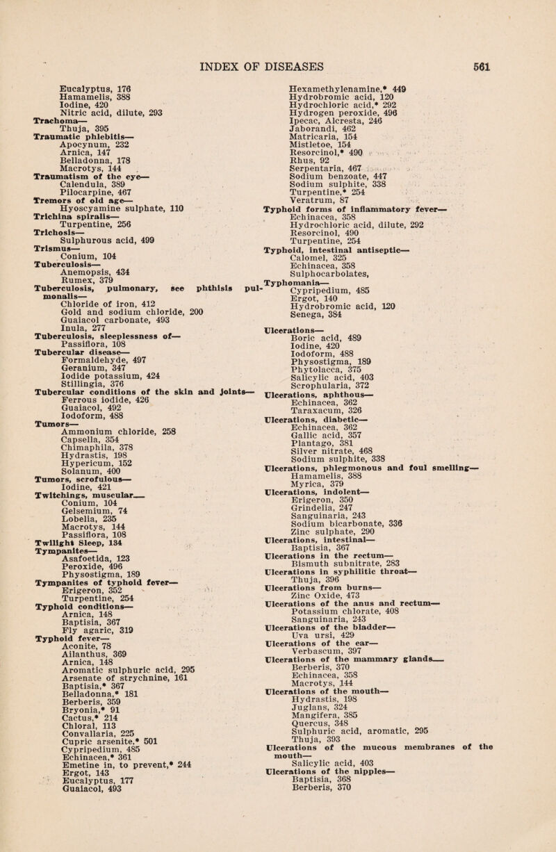 Eucalyptus, 176 Hamamelis, 388 Iodine, 420 Nitric acid, dilute, 293 Trachoma— Thuja, 395 Traumatic phlebitis— Apocynum, 232 Arnica, 147 Belladonna, 178 Macrotys, 144 Traumatism of the eye— Calendula, 389 Pilocarpine, 467 Tremors of old age— Hyoscyamine sulphate, 110 Trichina spiralis— Turpentine, 256 Trichosis— Sulphurous acid, 499 Trismus— Conium, 104 Tuberculosis— Anemopsis, 434 Rumex, 379 Tuberculosis, pulmonary, see phthisis pul- monalis— Chloride of iron, 412 Gold and sodium chloride, 200 Guaiacol carbonate, 493 Inula, 277 Tuberculosis, sleeplessness of— Passiflora, 108 Tubercular disease— Formaldehyde, 497 Geranium, 347 Iodide potassium, 424 Stillingia, 376 Tubercular conditions of the skin and joints— Ferrous iodide, 426 Guaiacol, 492 Iodoform, 488 Tumors— Ammonium chloride, 258 Capsella, 354 Chimaphila, 378 Hydrastis, 198 Hypericum, 152 Solanum, 400 Tumors, scrofulous— Iodine, 421 Twltchings, muscular— Conium, 104 Gelsemium, 74 Lobelia, 235 Macrotys, 144 Passiflora, 108 Twilight Sleep, 134 Tympanites— Asafoetida, 123 Peroxide, 496 Physostigma, 189 Tympanites of typhoid fever— Erigeron, 352 - ' Turpentine, 254 Typhoid conditions— Arnica, 148 Baptisia, 367 Fly agaric, 319 Typhoid fever— Aconite, 78 Ailanthus, 369 Arnica, 148 Aromatic sulphuric acid, 295 Arsenate of strychnine, 161 Baptisia,* 367 Belladonna,* 181 Berberis, 359 Bryonia,* 91 Cactus,* 214 Chloral, 113 Convallaria, 225 Cupric arsenite,* 501 Cypripedium, 485 Echinacea,* 361 Emetine in, to prevent,* 244 Ergot, 143 Eucalyptus, 177 Guaiacol, 493 Hexamethylenamine,* 449 Hydrobromic acid, 120 Hydrochloric acid,* 292 Hydrogen peroxide, 496 Ipecac, Alcresta, 246 Jaborandi, 462 Matricaria, 154 Mistletoe, 154 Resorcinol,* 49Q c —. . Rhus, 92 Serpentaria, 467 Sodium benzoate, 447 Sodium sulphite, 338 Turpentine,* 254 Veratrum, 87 Typhoid forms of inflammatory fever— Echinacea, 358 Hydrochloric acid, dilute, 292 Resorcinol, 490 Turpentine, 254 Typhoid, intestinal antiseptic— Calomel, 325 Echinacea, 358 Sulphocarbolates, Typhomania— Cypripedium, 485 Ergot, 140 Hydrobromic acid, 120 Senega, 384 Ulcerations— Boric acid, 489 Iodine, 420 Iodoform, 488 Physostigma, 189 Phytolacca, 375 Salicylic acid, 403 Scrophularia, 372 Ulcerations, aphthous— Echinacea, 362 Taraxacum, 326 Ulcerations, diabetic— Echinacea, 362 Gallic acid, 357 Plantago, 381 Silver nitrate, 468 Sodium sulphite, 338 Ulcerations, phlegmonous and foul smelling— Hamamelis, 388 Myrica, 379 Ulcerations, indolent— Erigeron, 350 Grindelia, 247 Sanguinaria, 243 Sodium bicarbonate, 336 Zinc sulphate, 290 Ulcerations, intestinal— Baptisia, 367 Ulcerations in the rectum— Bismuth subnitrate, 283 Ulcerations in syphilitic throat— Thuja, 396 Ulcerations from burns— Zinc Oxide, 473 Ulcerations of the anus and rectum— Potassium chlorate, 408 Sanguinaria, 243 Ulcerations of the bladder— Uva ursi, 429 Ulcerations of the ear— Yerbascum, 397 Ulcerations of the mammary glands— Berberis, 370 Echinacea, 358 Macrotys, .144 Ulcerations of the mouth— Hydrastis, 198 Juglans, 324 Mangifera, 385 Quercus, 348 Sulphuric acid, aromatic, 295 Thuja, 393 Ulcerations of the mucous membranes of the mouth— Salicylic acid, 403 Ulcerations of the nipples— Baptisia, 368 Berberis, 370