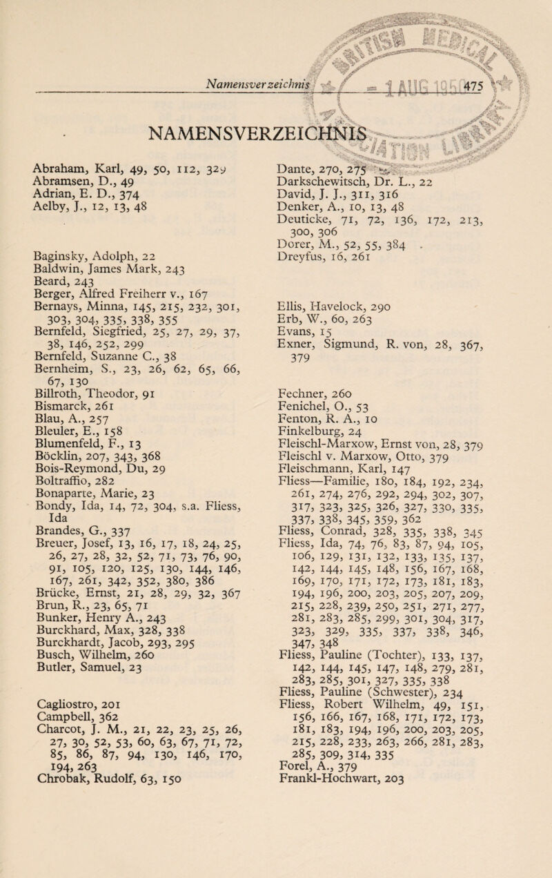 H \ \ NAMENSVERZEICHNIS 1% < WvT \ % Abraham, Karl, 49, 50, 112, 329 Abramsen, D., 49 Adrian, E. D., 374 Aelby, J., 12, 13, 48 Baginsky, Adolph, 22 Baldwin, James Mark, 243 Beard, 243 Berger, Alfred Freiherr v., 167 Bernays, Minna, 145, 215, 232, 301, 303, 304, 335, 338, 355 Bernfeld, Siegfried, 25, 27, 29, 37, 38, 146, 252, 299 Bemfeld, Suzanne C., 38 Bernheim, S., 23, 26, 62, 65, 66, 67, 130 Billroth, Theodor, 91 Bismarck, 261 Blau, A., 257 Bleuler, E., 158 Blumenfeld, F., 13 Böcklin, 207, 343, 368 Bois-Reymond, Du, 29 Boltraffio, 282 Bonaparte, Marie, 23 Bondy, Ida, 14, 72, 304, s.a. Fliess, Ida Brandes, G., 337 Breuer, Josef, 13, 16, 17, 18, 24, 25, 26, 27, 28, 32, 52, 71, 73, 76, 90, 91, 105, 120, 125, 130, 144, 146, 167, 261, 342, 352, 380, 386 Brücke, Ernst, 21, 28, 29, 32, 367 Brun, R., 23, 65, 71 Bunker, Henry A., 243 Burckhard, Max, 328, 338 Burckhardt, Jacob, 293, 295 Busch, Wilhelm, 260 Butler, Samuel, 23 Cagliostro, 201 Campbell, 362 Charcot, J. M., 21, 22, 23, 25, 26, 27, 3°, 52, 53, 60, 63, 67, 7i, 72, 85, 86, 87, 94, 130, 146, 170, 194, 263 Chrobak, Rudolf, 63, 150 £ * k ’h $ ■: '4 Dante, 270, 275 5 Darkschewitsch, Dr. L., 22 David, J. J., 311, 316 Denker, A., 10, 13, 48 Deuticke, 71, 72, 136, 172, 213, 300, 306 Dorer, M., 52, 55, 384 - Dreyfus, 16, 261 Ellis, Havelock, 290 Erb, W., 60, 263 Evans, 15 Exner, Sigmund, R. von, 28, 367, 379 Fechner, 260 Fenichel, O., 53 Fenton, R. A., 10 Finkeiburg, 24 Fleischl-Marxow, Ernst von, 28, 379 Fleischl v. Marxow, Otto, 379 Fleischmann, Karl, 147 Fliess—Familie, 180, 184, 192, 234, 261, 274, 276, 292, 294, 3°2, 307, 317, 323, 325, 326, 327, 330, 335, 337, 338, 345, 359, 362 Fliess, Conrad, 328, 335, 338, 345 Fliess, Ida, 74, 76, 83, 87, 94, 105, 106, 129, 131, 132, 133, 135, 137, 142, 144, 145, 148, 156, 167, 168, 169, 170, 171, 172, 173, 181, 183, 194, 196, 200, 203, 205, 207, 209, 215, 228, 239, 250, 251, 271, 277, 281, 283, 285, 299, 301, 304, 317, 323, 329, 335, 337, 338, 346, 347, 348 Fliess, Pauline (Tochter), 133, 137, 142, 144, 145, 147, 148, 279, 281, 283, 285, 301, 327, 335, 338 Fliess, Pauline (Schwester), 234 Fliess, Robert Wilhelm, 49, 151, 156, 166, 167, 168, 171, 172, 173, 181, 183, 194, 196, 200, 203, 205, 215, 228, 233, 263, 266, 281, 283, 285, 309, 314, 335 Forel, A., 379 Frankl-Hochwart, 203