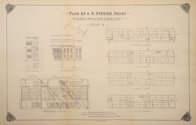 N? 18, SAGO LANE and N? 20~3 SAGO STREET. CROSS SECTION- ELEVATION AT SAGO ST — k---7!6 Thick dotted line indicates existing angle for open space. Thick straight lines indicate angles which should be allowed for open spacej5G°being the angle recommended,but 45°being better. WATERUTW & SONS.UMTTKHLONDON WAU.LOIIDON