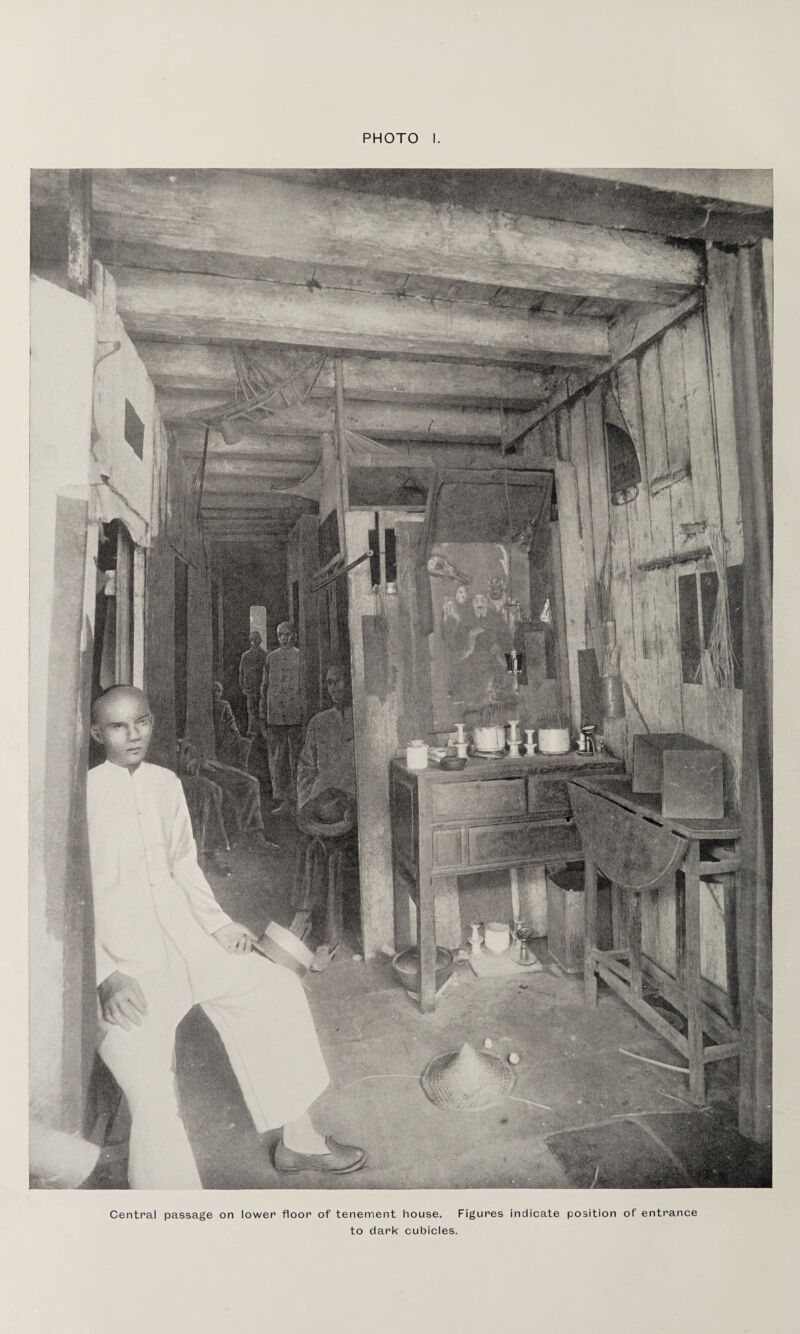 Central passage on lower floor of tenement house. Figures indicate position of entrance to dark cubicles.