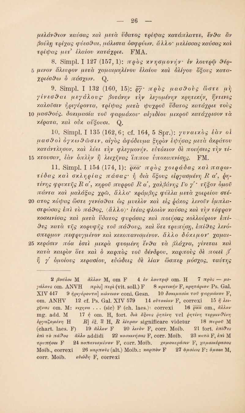 j,xekavd'iov xavoag xal f.iexa vdazog xqixpag xaxdrckaxxe, evkka dv fiovhfl xqtyag cpveG&ai, [idkiGxa docpqvcov. dkko’ /.leklooag xavoag xal xqixpag [lst ekaiov xaxdyqie. FMA. 8. Simpl. I 127 (157, 1): xcgog xv rjGfiovrjV' ev Iovtqoj kkeo- 5 fiuvov akevQOv fierce ya\.iai\.x\]kivov ekaiov xal oXiyov otgovg xaxa- %QllO&tO o TtccGycov. Q. 9. Simpl. I 132 (160, 15): qy‘ Ttqog /naakkovg cuGze uij yiveG&ai [ieyakovg* fioxavrjv ttjv keyof,ilvrjv xQrjzixrjv, rjvziveg xakovGiv rjQcyeQOvza, XQLipag (.ieza \pv%QOv vdazog xaxdyqie xovg 10 /\iciG&ovg. doxi(.iaoia xov cpaQ^Laxov aiyibiov [llxqov xaxd/qtGOv xa xeqaxa, xcd ovx av^ovoi. Q. 10. Simpl. I 135 (162,6; cf. 164, 5 Spr.): yvvatxog lav oi f.laG&ol byxco&CoG lv , aiyog dcp6bevf.ia tgrjqov eipijoag \.iexa axqdxov xazavxkrjoov, xal kvei zijv cpkeyfiovrjv. evxoxcov be TtoiijGSLg xrjv xi- 15 xxovoav, lav ojtkxjv rj Xeiyfjvag Itctcov VTtoxaTXVLGXjg. FM. 11. Simpl. I 154 (174, 1): qxa’ rtqog yoiqdbag xal rtaqco- xidag xal Gxkrjq lag rtaaag• fj bia oigovg eigyaGuevYj R a, qrj- xivrjg cpgvxxrjg R a, xrjqov ttvqqov R a, yakficcvrjg ro y ' zffeov bf,iov Ttdvxa xal fialatgag yqCo. dkko' XQdjufiijg cpvkka ieza yoiqeiov Gxe- 20 axog xoipag cboze yeveokSai cog (.ivekov xal eig qaxog kivovv lf.i7tka- GxqcoGag Ini xo TCad'og. (dkko)’ lx lag cpkotov xavGag xal zrjv xecpqav xoGXLVLGag xal fieza vdazog cpvqaGag xal rtoipGag xokkovqiov hti- R'eg xaza xfjg xoqvcpfjg xov rtaRovg, xal oxe xqvtc^gt], IniReg ktvo- G7X€Qfiov xtecpQvy^ilvov xal xexoTtaviGfilvov. dkko doxL(,iov’ %a/,iai- 25 xeqaGiv rcoa IgxI (.iixqa cpvo/uevrj evRa xa (Skayva, yivexai xal xaza xaiQov oxe xal o xaqTtog xov bevbqov. xaqTtovg be noiel S’ 7) y o^ioiovg xeqaaiov, evebbeig be klav coGreeq /uoGyog, xavxrjg 2 fiobloi M allov M, om F 4 ev Iovtqw om. H 7 ttqos — fie- ydlovg om. ANVH ?T()dg] tzeqI (yit. soli.) F 8 xfJiTixr]v F, xgrjxdgiov Ps. Gal. XIV 447 9 rj^iyk^ovra\ xcdveiov coni. Gesn. 10 dom/naoia tov (f ap/uaxov F, om. ANHV 12 cf. Ps. Gal. XIV 579 14 siiroxiav F, correxi 15 rj kei- yrjvas om. M: vLyrjva . . . (sic) F (ch. laes.)'. correxi 16 yxa om., allov mg’, add. M 17 rj om. H, fort. Sia o^ovs orjrivr] vel QrjTLvrj TEQfuvd'ivrj EQyago/xEvrj H R] e|. a H, R iRqav significare yidetur i8 nv^ov M (chart, laes. F) 19 allov F 20 hvov F, corr. Moib. 21 fort. ettiS'es E7ti to Ttdd'os alio addidi 22 xoaxivijoae F, C01T. Moib. 23 xaTa F, ercl M t(jvTtrjOEi F 24 xoTtavio/iiEVOv F, corr. Moib. ya/aoxE^aoiv F, ya^aiy.E^aoos Moib., correxi 26 xa^Ttovg (alt.) Moib.: xa^Ttov F 27 o/notcos F: o/aoia M, corr. Moib. sbcbSi] F, correxi