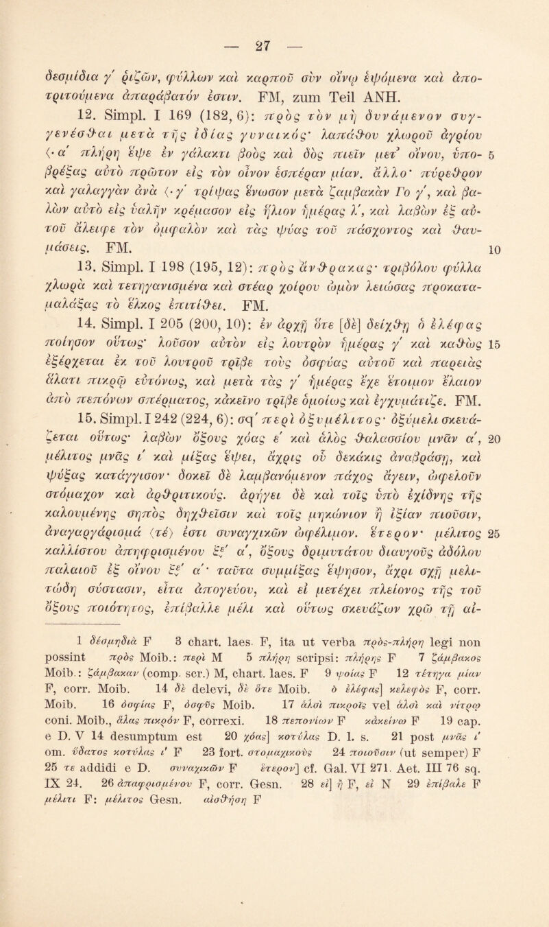 deo/uldia y ql'QCov, (pvXXcov xal xaqjtov ovv ocvco eipbueva xal mto- TQiTovpeva aTtaqa^mov Igtiv. FM, zum Teil ANH. 12. Simpl. I 169 (182,6): Tcqog tov f.iij dwa/nevov ovy- y sv eod'ca f,iera Tfjg id lag yvv aixog' Xaircchov %Xcoqov ay q tov <• a TtXvjQC] eifje ev yaXaxTi fioog xal dog Tttelv five olvov, veto- 5 ftqeBag avvo tcqcotov eig tov oivov eGiceqav f.ilav. dXXo' Ttvqehqov xal yaXayyav ava {-y Tqlipag evcooov /listcc Ba^ifiaxav ro y , xal fia- Xcov avxb eig vaXfjv zo eiw.Gov eig fjXiov fjueqag X', xal Xaffcov eg av~ rov dXeupe tov o/ucpaXbv xal rag xpvag rod Ttaoyovrog xal hav- fiaaeig. FM. 10 13. Simpl. I 198 (195, 12): TCqog avhqaxag- TqifioXov cpvXXa yXcoqa xal TeTijyavtGfteva xal GTeaq yolqov tofxov Xeuboag Ttqoxava- uaXa^ag to eXxog htiTi&ei. FM. 14. Simpl. I 205 (200, 10): ev dqyfj (he [dt] delyd-rj o eXecpag Ttolrjoov out cog' Xovoov avTov eig Xovtqov fjfieqag y xal xahcog 15 etgeqyeTai ex tov Xovtqov Tqlfie Tovg oocpvag avTov xal TCaqetdg aXaTi ttlxqo) evTovcog, xal /ueva Tag y fjf.ieqag eye eTOif.iov eXaiov curb Ttenovcov GTceq^iaTog, xaxelvo Tqlfie bfiolcog xal eyxvf.iaTtCe. FM. 15. Simpl. I 242 (224, 6): ox| Tceql oigvfsteXtTog' o^vf.ieXt Gxevd- Bevai ovTtog' XafScov oigovg %oag e xal aXog haXaoolov f.ivav a', 20 cieXiTog fivag i xal [illgag eipet, ayqcg ov dexaxtg dvaftqccG]], xal ipvigag xaTayytGov' doxel de Xafi(Savouevov Ttayog dyetv, cocpeXovv GTOf^iayov xal aqhqtTtxovg. dqrjyet de xal Tolg vtco eyldvpg Tfjg xaXovfievrjg GrjTtog drjx&elGtv xal Tolg prjxcbvtov rj iglav tclovglv, avayaqyaqtof.id he) Igti Gvvayyrxcbv cocpeXt^iov. eveqov' iieXtTog 25 xaXXiGTOV dytrjcpQLGf-ievov £*' a', oBovg dqif.ivTaTOv dtavyovg adoXov TtaXaiov eig oivov Bf a’ Tavva Gv^ipd^ag eiprjGOv, ayqi Gxfj ^teXt- Tcodrj GvGTaGiv, eh a ditoyevov, xal ei ficeveyeL rcXelovog Tfjg tov oigovg TCOiOTrrTog, ejtlSaXXe aeXi xal out cog GxevaCcov %Qcb Tfj ai- 1 dea^irjdia F 3 chart, laes- F, ita ut verba Tt^ds-nlfjQrj legi non pOSSillt Ttpdg Moib.: Tteh M 5 Ttlfj^rj SCripsi: Ttlfi^qg F 7 £,d/ufiaxog Moib.: t,d[i(3axav (comp, scr.) M, chart, laes. F 9 yoiag F 12 rsrrjya f.uav F, corr. Moib. 14 §h delevi, dh ore Moib. d slhas\ Kslecpog F, corr. Moib. 16 doling F, docpvg Moib. 17 ako\ TtixpoZg vel ako\ xai vir^cp COni. Moib., dlag Ttixqov F, COrrexi. 18 Ttenovicov F ydxeivco F 19 cap. e D. V 14 desumptum est 20 %oag] aorvlag D. 1. s. 21 post ^vag i Om. vSarog yorvlag i F 23 fort, oro/uayexobg 24 Ttoiovoiv (ut semper) F 25 rs addidi e D. ovvayixtbv F ere()ov] cf. Gal. VI 271. Aet. Ill 76 sq. IX 24. 26 djta<p()io/LiEvov F, corr. Gesn. 28 ei] fj F, d N 29 tTtipale F /lieXlti F: fisXnog Gesn. aiod'fioq F