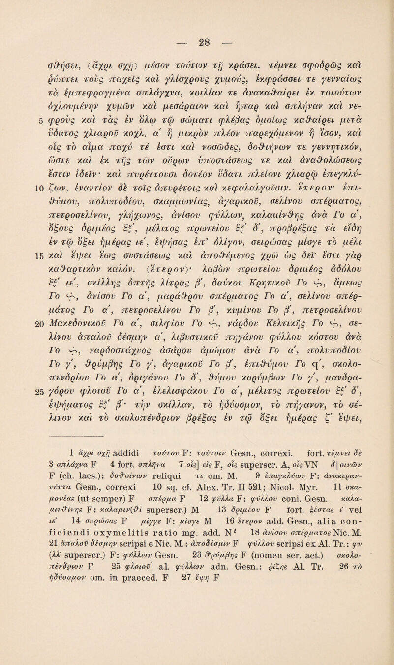 5 10 15 20 25 28 od-rjGEL, {a%QL G%fj) (.iegov tovtcov tv) xqccgel. t snivel GcpodQtog xal qvtctel xovg rcayslg xal ylloxQOvg yv^iovg, excpqcxggel te yEvvaiwg tcc EiLTtECpqay^iEva GTcXayyva, xoLXlav te dvaxa&aiQEi ex tolovtcov 6%lov/.iEvrjv yv/ncov xal f.lEOaqacov xal fjTCaQ xal GTcXrjvav xal ve- cpgovg xal rag ev oXtp tCo Gco^iaTL cpXs(3ag o^ioltog xa&aLQEi iietcc vdaxog yXiaQOu xoyX. a' fj /lilxqov tcXeov TcaQEydfAEVov rj Verov, xal oig to alfia TCayv te egtl xai vootbdsg, doS'irjvwv te. yEwrjTLxov, coGte xal ex Tfjg tcov ovqcov VTtooTccGECog te xal avad'oXcoGEcog EGTLV ISelV' Xdl TCVQETTOVOL doTEOV vddTL TcXeLOVL %XlCCQW ETCEyxXv- Kcov, EvavTtov dh tolg aicvQETOig xal xEcpaXaXyovGLv. eteqov• etcl- d'v\,iov, tcoXvtco6lov, GKa^ioiviag, ayaQLXov, geXlvov GTCEQ/uaTog, tcetqogeXlvov^ yXrjycovog, ccvlgov cpvXXcov, xaXa/uLvd'rjg ava ro a, oigovg dQifXEog Bf, [ceXLTog tcqcotelov Bf S', TCQ0(3QE<gag tcc elSt] EV Tip OtgEL fj^lEQCCg LE, ElpTjGCCg ETC’ bXLyOV, GELQCOGdg [ALOyE TO (.lsXl xal EipEi Etog GvOTccGstog xal ccTCO&c[.LEVog xqco cog Sec' egtl yaQ xa$aQTLxbv xaXov. {eteqov)' Xaficov tcqcotelov dq^iiog adoXov Bf le, GxiXXrjg otctv^ XtTQceg (3', davxov KQrycLxov To d/.iEtog ro ccvlgov ro a , iiccqccS'QOv G7tEQf.iaTog ro a, geXlvov GtCEQ- piccTog ro a, tcetqogeXlvov ro (3', xv\.dvov ro (3', tcetqogeXlvov MaxEdovLxov ro a, GiXcpiov ro ^p, vaqdov KeXTcxfjg ro <A, ge¬ Xlvov ccTCaXov dEG/.irjv a , Xl(3vgtlxov TCrjyavov cpvXXov xogtov ava ro vaQdoGTayrvog doccQOv dfAcbfAOv ava ro a, tcoXvtcoSlov ro y , &QvfA(3rjg ro y’, dyaQLxov ro (3', etcl^v^lov ro c\ , GxoXo- tcevSqlov ro a', OQLyavov ro S', d'vf.iov xoqv(.l(3cov ro y , ^iavdQa- yoQOv cpXoLov ro a', eXeXlgcpccxov ro a , [LEXLTog tcqcotelov Bf S', EipfyiaTog Bf (f* ttjv GxlXXav, to fjdvoGf,iovf to TCrjyavov, to ge¬ Xlvov xal to gxoXotcevSqlov pQEjgag ev tcp otgEL fj^Qag C EipSL, 1 axpi o%fi addidi ro-tivov F: tovtolv Gesn., correxi. fort, re^vet §e 3 oTtXaxva F 4 fort. o7tlfjva 7 ols\ els F, ole superscr. A, ole VN S\\oivcov F (ell. laes.): So&oivcop reliqui Te orn. M. 9 eTtaynlvcov F: avanepav- vvvtcl Gesn., correxi 10 sq. cf. Alex. Tr. II 521; Nicol. Myr. 11 oxa- /uoreag (nt semper) F oTt&pfxa F 12 cpvXXa F: cpvXXov coni. Gesn. xaXa- [uvd'Lvrjs F: xakafjuv{d'i superscr.) M 13 dpi/xeov F fort, psoras l vel is' 14 ovpcooas F ^'Lyy£ F: ploys M 16 erspov add. Gesn., alia con- ficiendi oxymelitis ratio mg. add. N2 18 dvloov onepparoe Nic. M. 21 ajtaXov Ssoprjv scripsi e Nic. M.: ajeobsopiv F cp^XXov scripsi ex Al. Tr.: (pv {XX' superscr.) F: ytiXXwv Gesn. 23 d'p'Cpp^g F (nomen ser. aet.) oxoXo- TtsvSpiov F 25 pXoiovJ al. (fpXXcov adn. Gesn.: plfys Al. Tr. 26 to