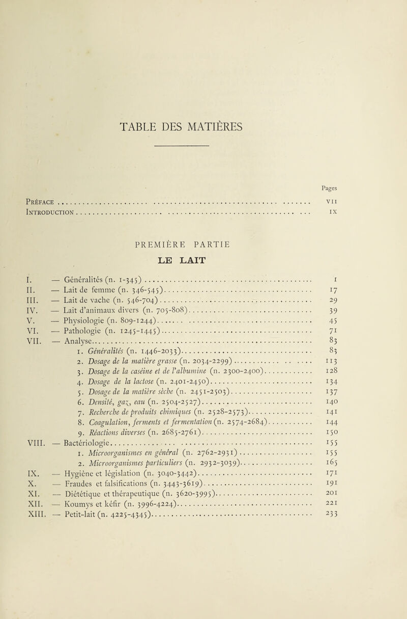 TABLE DES MATIÈRES Pages Préface. vii Introduction. ix PREMIÈRE PARTIE LE LAIT I. — Généralités (n. 1-345). 1 II. — Lait de femme (n. 346-545). 17 III. — Lait de vache (n. 546-704). 29 IV. — Lait d’animaux divers (n. 705-808). 39 V. — Physiologie (n. 809-1244). 45 VI. — Pathologie (n. 1245-1445). 71 VII. — Analyse. 83 1. Généralités (n. 1446-2033)...... 83 2. Dosage de la matière grasse (11. 2034-2299). 113 3. Dosage de la caséine et de Falbumine (n. 2300-2400). 128 4. Dosage de la lactose (n. 2401-2450). 134 5. Dosage de la matière sèche (n. 2451-2503). 137 6. Densité, gai, eau (n. 2504-2527). 140 7. Recherche de produits chimiques (n. 2528-2573). 141 8. Coagulation, ferments et fermentation (n. 2574-2684). 144 9. Réactions diverses (n. 2685-2761).. 150 VIII. — Bactériologie. J55 1. Microorganismes en général (n. 2762-2931). 155 2. Microorganismes particuliers (n. 2932-3039). 165 IX. — Hygiène et législation (n. 3040-3442). 171 X. — Praudes et falsifications (n. 3443-3619). 191 XI. — Diététique et thérapeutique (n. 3620-3995). 201 XII. — Koumys et kéfir (n. 3996-4224). 221 XIII. -— Petit-lait (n. 4225-4345). 23 3