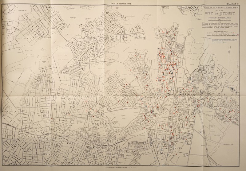 JJIAGHAM I COCKATOO ISLAND PREPARED for the DEPARTMENT of PUBLIC HEALTH SNAILS birchorove n PARK FIVE DOCK BAY MAP OF THE KIARABILLI PT 1903 COMPARING THE POSITION OF 208 ADJUDGED PLACES OF INFECTION IN 1900 WITH THAT OF 86 SUCH PLACEStSEE PARAGRAPH 39 ) IN 1902, AND DISTI N CU ISHI N C 7 WHICH HARBOURED CASES IN BOTH THOSE YEARS. ELK1N0T0N SIMMONS PI WATERVIEW BAY MILLERS PI EXPLANATORY NOTES Adjudged places or infection m 1900 by red square thus ■ . , 1902 - blue „ E Places which harboured cases m 190011902by red square within blue square thus STHTT NOTE This Diagram corresponds with Diagram C, /90O, but shows Fewer spots For reasons mentioned in a Footnote io the preceding page. PEACOCKS PI FARM COVE QROSVENOR STREET IRON COVE JONES BAY WRITE BAY ELIZABETH BAY ITANICAL OAROENS CALLAN PARK HOSPITAL POR I ME INSANE GLEBE ISLAND LEICHHARDT PARK EASTON PARK BLACKWATTLE BAY WENTWORTH BALMAIN _HSaul£S- RAILWAY STATION -STREET- VICTORIA BARRACKS 3BBT VICTORIA UNIVERSITY VJOHKSCOLLSOK PRINCE ALFRED H AMAJ GROUNDS PARK CAMPERDOWN PARK SYDNEY PARK PASTORAL AND AGRICULTURAL RF.DFERN SOCIETY'S GROUND S» STEPHENS CHURCH — CEMETERY' PARK CENTENNIAL PARK. ALEXANDRIA PARK ERS'klNEVILLE PARK 'MARRI ORVILLE/ PARK. ,