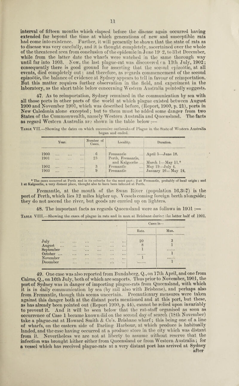 interval of fifteen months which elapsed before the disease again occurred having extended far beyond the time at which generations of new and susceptible rats had come into existence. Further, it will presently he shown that the state of rats as to disease was very carefully, and it is thought completely, ascertained over the whole of the threatened area from conclusion of the epidemic in J une 19' 2, to 31st December, while from the latter date the wharfs were watched in the same thorough way until far into ]903. Now, the last plague-rat was discovered cn 13tli July, 1902; consequently there is good ground for asserting that the second epizootic, at all events, died completely out: and therefore, as regards commencement of the second epizootic, the balance of evidence at Sydney appears to tell in favour of reimportation. But this matter requires further observation in the field, and experiment in the laboratory, as the short table below concerning Western Australia pointedly suggests. 47. As to reimportation, Sydney remained in the communication by sea with all those ports in other parts of the world at which plague existed between August 1900 and November 1901, which was described before, (Report, 1900, p. 21), ports in New Caledonia alone excepted; but to them must be added some danger from two States of the Commonwealth, namely Western Australia and Queensland. The facts as regard Western Australia nro shown in the table below :— Table YII.—Showing the dates on which successive outbreaks of Plague in the State of Western Australia began and ended. Year. Number of Cases. Locality. Duration. 1900 . 6 Fremantle April 5—June 18. 1901 . 23 Perth, Fremantle, and Kalgoorlie ... March 1—May 11,* 1902 . 3 F remantle May 19—July 4. 1903 . 9 Fremantle January 26— May 24. * The cases occurred at Perth and in its suburbs for the most part; 2 at Fremantle, probably of local origin ; and 1 at Kalgoorlie, a very distant place, thought also to have been infected at Perth. Fremantle, at the mouth of the Swan River (population 1G,3(>7) is tlie port of Perth, which lies 12 miles higher up. Vessels coming foreign berth alongside; they do not ascend the river, but goods are carried up on lighters. 48. The important facts as regards Queensland were as follows in 1991 :— Table YIII.—Showing the cases of plague in rats and in man at Brisbane durine' the latter half of 1901. V Cases in— Rats. Man. July . • • • . 20 3 August 8 1 September 1 October ... 1 November 1 December ... ... ... .:. 1 49. One case was also reported from Bundaberg, Q., on 17tli April, and one from Cairns, Q., on 16th July, both of which are seaports. Thus prior to November, 1901, the port of Sydney was in danger of importing plague-rats from Queensland, with which it is in daily communication by sea (by rail also with Brisbane), and perhaps also from Fremantle, though this seems uncertain. Precautionary measures were taken against this danger both at the distant ports mentioned and at this port, but these, as has already been pointed out (Report 1900, p. 44), cannot be relied upon invariably to prevent it. And it will be seen below that the rat-staff organised as soon as occurrence of Case 1 became known did on the second day of search (lStli November) take a plague-rat at Howard Smith & Co’s. Brisbane wharf; this being one of a line of wharfs, on the eastern side of Darling Harbour, at which produce is habitually landed, and the case having occurred at a produce store in the city which was distant from it. Nevertheless we are not at liberty to assume without reserve that the infection was brought hither either from Queensland or from TV estern Australia; lor a vessel which has received plague-rats at a very distant port has arrived at Sydney after