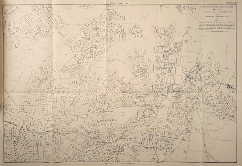 COCKATOO ISLAND PREPARED FOR THE DEPARTMENT OF PUBLIC HEALTH SNAILS bay BIRCHOROVE T PARK FIVE DOCK BAY WILSONS P* BALLAST GOAT 1903 THIS OIACRAM SHOWS THE ADJUDCEO PLACES OF INFECTION FOR 113 CASES OF PLAGUE, BV 86 BLUE SPOTS. IT ALSO SHOWS THE ARBITRARY BOUNDARIES OF THE AREAS WHICH, FOR CONVENIENCE OF DESCRIPTION,HAVE BEEN ASSICNED TO THE DIFFERENT NEIGHBOURHOODS IN WHICH THOSE PLACES STAND, BY BROKEN BLUE UNES. MILLERS FORT MACQUARIE FARM COVE STREET JOSES BAY WHITE BAY ELIZABETH BAY PARK HOSPITAL FOR OLEBE ISLAND DARLING PT a s u LEICHHARDT PARK EASTON PARK OLEBE BLACKWATTLE BAY TtrSfy WENTWORTH \\ BALMAIN pTrotr RAILWAY STATION ■CEOROE- VICTORIA BARRACKS VICTORIA V*V'AMP[RDOWN UNIVERSITY PRINCE ALFRED GROUNDS R RAMiE WOOLI PARK ,camperdown\ PARK ^TAXVC ll ARLINGTON/ PARK SOCIETY'S GROUND WORKSHOP 3 STEPHEN PARK CHURCH CENTENNIAL PARK R BA 6 \ATXM ER&k I NEVILLE PARK Compiled .Drawn and Printed at the Department of Lande, Sydney N S W 1903