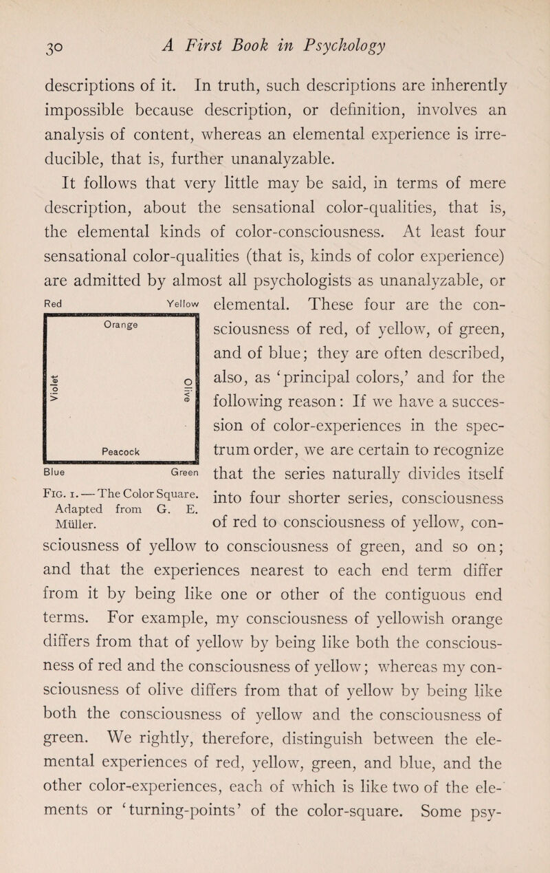 descriptions of it. In truth, such descriptions are inherently impossible because description, or definition, involves an analysis of content, whereas an elemental experience is irre¬ ducible, that is, further unanalyzable. It follows that very little may be said, in terms of mere description, about the sensational color-qualities, that is, the elemental kinds of color-consciousness. At least four sensational color-qualities (that is, kinds of color experience) are admitted by almost all psychologists as unanalyzable, or elemental. These four are the con¬ sciousness of red, of yellow, of green, and of blue; they are often described, also, as 1 principal colors,’ and for the following reason: If we have a succes¬ sion of color-experiences in the spec¬ trum order, we are certain to recognize Blue Green that the series naturally divides itself Fig. i. The Color Square. ;nt0 four shorter series, consciousness Adapted from G. E. Muller. of red to consciousness of yellow, con¬ sciousness of yellow to consciousness of green, and so on; and that the experiences nearest to each end term differ from it by being like one or other of the contiguous end terms. For example, my consciousness of yellowish orange differs from that of yellow by being like both the conscious¬ ness of red and the consciousness of yellow; whereas my con¬ sciousness of olive differs from that of yellow by being like both the consciousness of yellow and the consciousness of green. We rightly, therefore, distinguish between the ele¬ mental experiences of red, yellow, green, and blue, and the other color-experiences, each of which is like two of the ele¬ ments or ‘turning-points’ of the color-square. Some psy- Red Yellow Orange o o o — > < CD Peacock