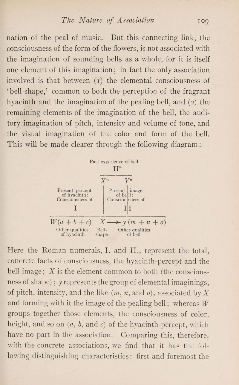 nation of the peal of music. But this connecting link, the consciousness of the form of the flowers, is not associated with the imagination of sounding bells as a whole, for it is itself one element of this imagination; in fact the only association involved is that between (1) the elemental consciousness of ‘ bell-shape,’ common to both the perception of the fragrant hyacinth and the imagination of the pealing bell, and (2) the remaining elements of the imagination of the bell, the audi¬ tory imagination of pitch, intensity and volume of tone, and the visual imagination of the color and form of the bell. This will be made clearer through the following diagram: — Past experience of bell IF y n Present percept of hyacinth: Consciousness of Present of be Consciou image 11: sness of I I I W(a + b + c) X —>- y (m + n + 0) Other qualities Bell- Other qualities of hyacinth shape of bell Here the Roman numerals, I. and II., represent the total, concrete facts of consciousness, the hyacinth-percept and the bell-image; is the element common to both (the conscious¬ ness of shape); y represents the group of elemental imaginings, of pitch, intensity, and the like (m, n, and 0), associated by X and forming with it the image of the pealing bell; whereas W groups together those elements, the consciousness of color, height, and so on (a, b, and c) of the hyacinth-percept, which have no part in the association. Comparing this, therefore, with the concrete associations, we find that it has the fol¬ lowing distinguishing characteristics: first and foremost the