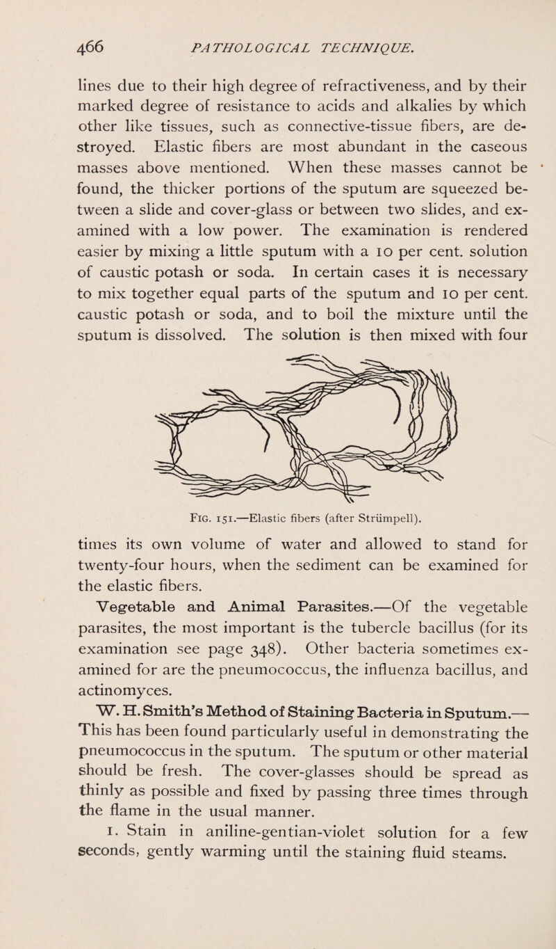 lines due to their high degree of refractiveness, and by their marked degree of resistance to acids and alkalies by which other like tissues, such as connective-tissue fibers, are de¬ stroyed. Elastic fibers are most abundant in the caseous masses above mentioned. When these masses cannot be * found, the thicker portions of the sputum are squeezed be¬ tween a slide and cover-glass or between two slides, and ex¬ amined with a low power. The examination is rendered easier by mixing a little sputum with a 10 per cent, solution of caustic potash or soda. I11 certain cases it is necessary to mix together equal parts of the sputum and 10 per cent, caustic potash or soda, and to boil the mixture until the sputum is dissolved. The solution is then mixed with four Fig. 151.—Elastic fibers (after Striimpell). times its own volume of water and allowed to stand for twenty-four hours, when the sediment can be examined for the elastic fibers. Vegetable and Animal Parasites.—Of the vegetable parasites, the most important is the tubercle bacillus (for its examination see page 348). Other bacteria sometimes ex¬ amined for are the pneumococcus, the influenza bacillus, and actinomyces. W. H. Smith's Method of Staining Bacteria in Sputum.— This has been found particularly useful in demonstrating the pneumococcus in the sputum. The sputum or other material should be fresh. The cover-glasses should be spread as thinly as possible and fixed by passing three times through the flame in the usual manner. 1. Stain in aniline-gentian-violet solution for a few seconds, gently warming until the staining fluid steams.
