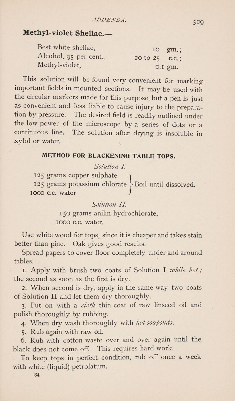 Methyl-violet Shellac.— 529 Best white shellac, Alcohol, 95 per cent, Methyl-violet, 10 gm.; 20 to 25 c.c.; 0.1 gm. This solution will be found very convenient for marking important fields in mounted sections. It may be used with the circular markers made for this purpose, but a pen is just as convenient and less liable to cause injury to the prepara¬ tion by pressure. The desired field is readily outlined under the low power of the microscope by a series of dots or a continuous line. The solution after drying is insoluble in xylol or water. , METHOD FOR BLACKENING TABLE TOPS. Solution I. 125 grams copper sulphate ^ 125 grams potassium chlorate >Boil until dissolved. 1000 c.c. water J Solution II. 150 grams anilin hydrochlorate, IOOO c.c. water. Use white wood for tops, since it is cheaper and takes stain better than pine. Oak gives good results. Spread papers to cover floor completely under and around tables. 1. Apply with brush two coats of Solution I while hot; the second as soon as the first is dry. 2. When second is dry, apply in the same way two coats of Solution II and let them dry thoroughly. 3. Put on with a cloth thin coat of raw linseed oil and polish thoroughly by rubbing. 4. When dry wash thoroughly with hot soapsuds. 5. Rub again with raw oil. 6. Rub with cotton waste over and over again until the black does not come off. This requires hard work. To keep tops in perfect condition, rub off once a week with white (liquid) petrolatum. 34