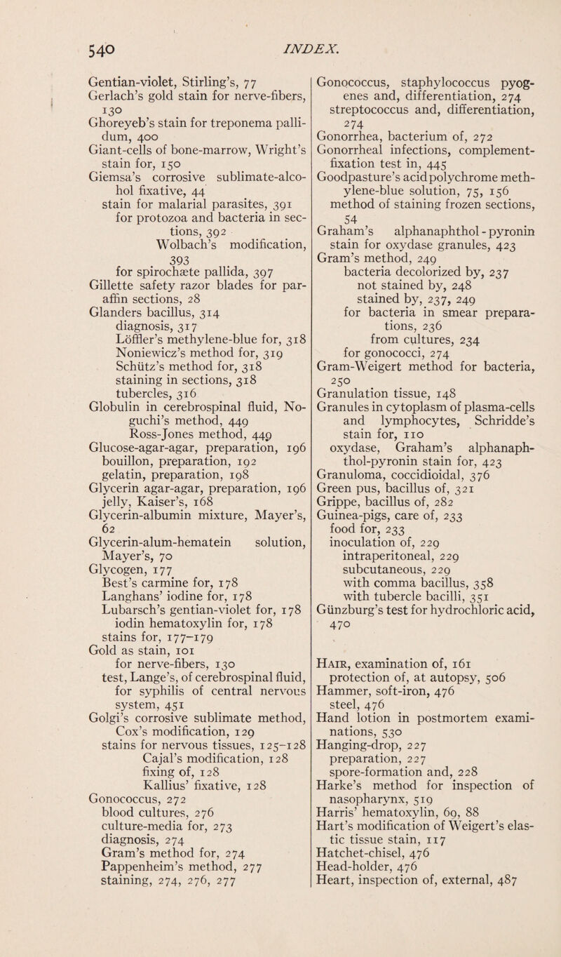 Gentian-violet, Stirling’s, 77 Gerlach’s gold stain for nerve-fibers, 13° Ghoreyeb’s stain for treponema palli¬ dum, 400 Giant-cells of bone-marrow, Wright’s stain for, 150 Giemsa’s corrosive sublimate-alco¬ hol fixative, 44 stain for malarial parasites, 391 for protozoa and bacteria in sec¬ tions, 392 Wolbach’s modification, 393 for spirochaete pallida, 397 Gillette safety razor blades for par¬ affin sections, 28 Glanders bacillus, 314 diagnosis, 317 Loffier’s methylene-blue for, 318 Noniewicz’s method for, 319 Schiitz’s method for, 318 staining in sections, 318 tubercles, 316 Globulin in cerebrospinal fluid, No¬ guchi’s method, 449 Ross-Jones method, 449 Glucose-agar-agar, preparation, 196 bouillon, preparation, 192 gelatin, preparation, 198 Glycerin agar-agar, preparation, 196 jelly, Kaiser’s, 168 Glycerin-albumin mixture, Mayer’s, 62 Glycerin-alum-hematein solution, Mayer’s, 70 Glycogen, 177 Best’s carmine for, 178 Langhans’ iodine for, 178 Lubarsch’s gentian-violet for, 178 iodin hematoxylin for, 178 stains for, 17 7-179 Gold as stain, 101 for nerve-fibers, 130 test, Lange’s, of cerebrospinal fluid, for syphilis of central nervous system, 451 Golgi’s corrosive sublimate method, Cox’s modification, 129 stains for nervous tissues, 125-128 Cajal’s modification, 128 fixing of, 128 Kallius’ fixative, 128 Gonococcus, 272 blood cultures, 276 culture-media for, 273 diagnosis, 274 Gram’s method for, 274 Pappenheim’s method, 277 staining, 274, 276, 277 Gonococcus, staphylococcus pyog¬ enes and, differentiation, 274 streptococcus and, differentiation, 274 Gonorrhea, bacterium of, 272 Gonorrheal infections, complement- fixation test in, 445 Goodpasture’s acid polychrome meth¬ ylene-blue solution, 75, 156 method of staining frozen sections, 54 G raham’s alphanaphthol - pyronin stain for oxydase granules, 423 Gram’s method, 249 bacteria decolorized by, 237 not stained by, 248 stained by, 237, 249 for bacteria in smear prepara¬ tions, 236 from cultures, 234 for gonococci, 274 Gram-Weigert method for bacteria, 25° Granulation tissue, 148 Granules in cytoplasm of plasma-cells and lymphocytes, Schridde’s stain for, no oxydase, Graham’s alphanaph- thol-pyronin stain for, 423 Granuloma, coccidioidal, 376 Green pus, bacillus of, 321 Grippe, bacillus of, 282 Guinea-pigs, care of, 233 food for, 233 inoculation of, 229 intraperitoneal, 229 subcutaneous, 229 with comma bacillus, 358 with tubercle bacilli, 351 Giinzburg’s test for hydrochloric acid, 470 Hair, examination of, 161 protection of, at autopsy, 506 Hammer, soft-iron, 476 steel, 476 Hand lotion in postmortem exami¬ nations, 530 Hanging-drop, 227 preparation, 227 spore-formation and, 228 Harke’s method for inspection of nasopharynx, 519 Harris’ hematoxylin, 69, 88 Hart’s modification of Weigert’s elas¬ tic tissue stain, 117 Hatchet-chisel, 476 Head-holder, 476 Heart, inspection of, external, 487