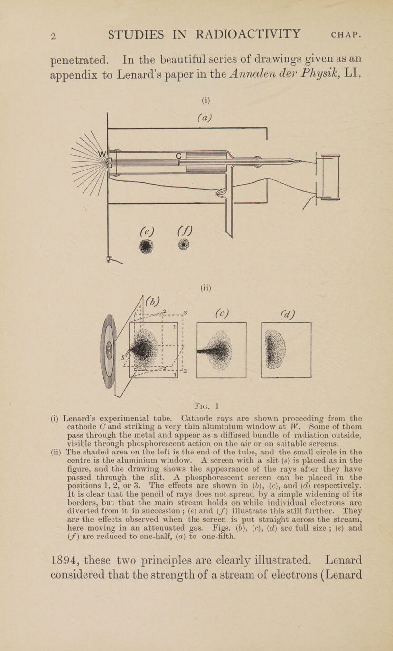 penetrated. In the beautiful series of drawings given as an appendix to Lenard’s paper in the Annalen dev Physik, LI, (i) (i) Lenard’s experimental tube. Cathode rays are shown proceeding from the cathode G and striking a very thin aluminium window at fV. Some of them pass through the metal and appear as a diffused bundle of radiation outside, visible through phosphorescent action on the air or on suitable screens. (ii) The shaded area on the left is the end of the tube, and the small circle in the centre is the aluminium wundow. A screen with a slit (s) is placed as in the figure, and the drawing shows the appearance of the rays after they have passed through the slit. A phosphorescent screen can be placed in the positions 1, 2, or 3. The effects are shown in (6), (c), and (d) respectively. It is clear that the pencil of rays does not spread by a simple wddening of its borders, but that the main stream holds on while individual electrons are diverted from it in succession ; (e) and (/) illustrate this still further. They are the effects observed when the screen is put straight across the stream, here moving in an attenuated gas. Figs. (6), (c), (d) are full size ; (e) and {/) are reduced to one-half, (a) to one-fifth. 1894, these two principles are clearly illustrated. Lenard considered that the strength of a stream of electrons (Lenard