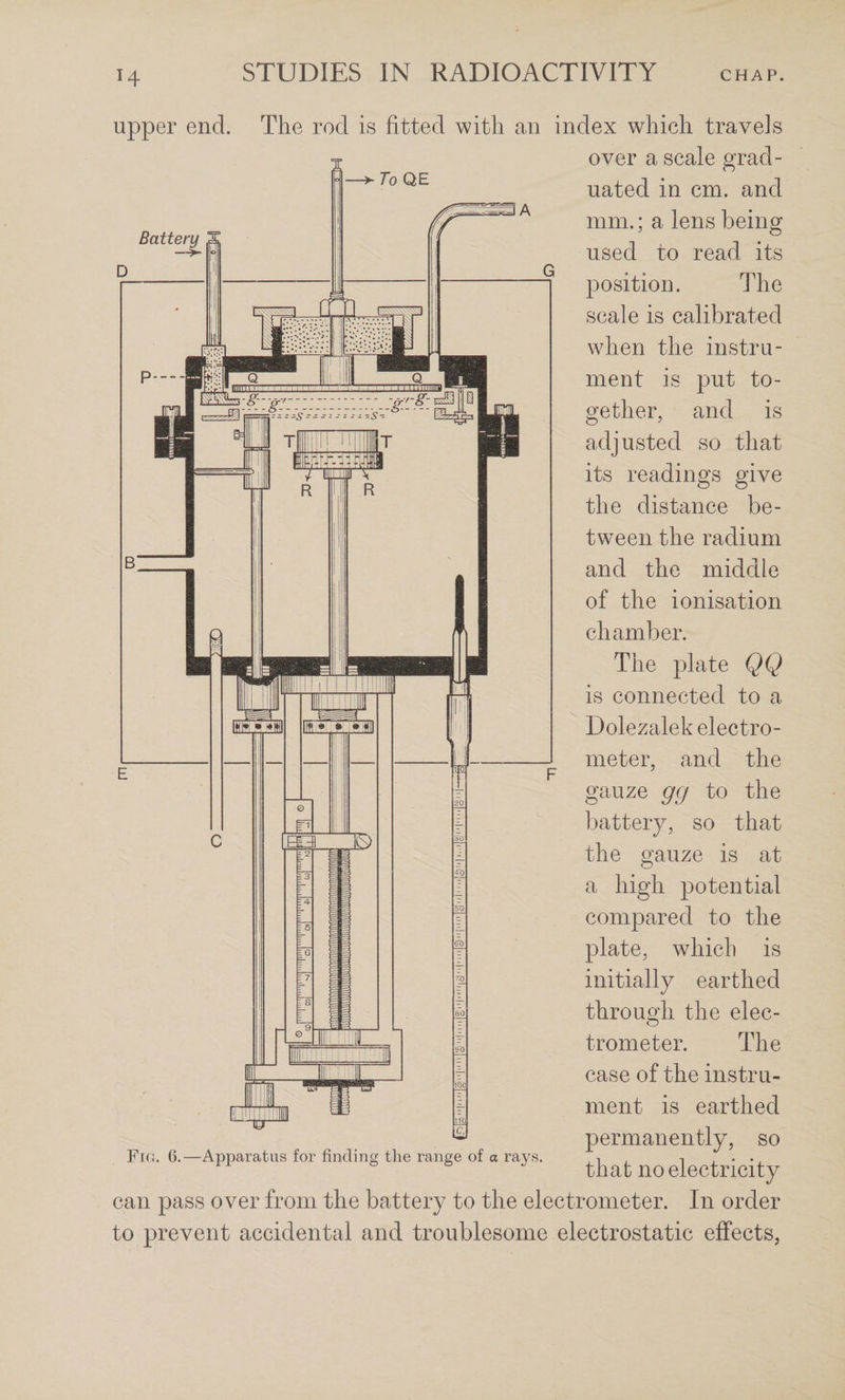 Battery upper end. The rod is fitted with an index which travels over a scale grad¬ uated in cm. and mm.; a lens being used to read its 230sition. The scale is calibrated when the instru¬ ment is put to¬ gether, and is adjusted so that its readings give the distance be¬ tween the radium and the middle of the ionisation chamber. The plate QQ is connected to a Dolezalek electro¬ meter, and the gauze gg to the battery, so that the gauze is at a high potential compared to the plate, which is initially earthed through the elec¬ trometer. The case of the instru¬ ment is earthed permanently, so that no electricity Fio. 6.—Apparatus for finding the range of a rays. can pass over from the battery to the electrometer. In order to prevent accidental and troublesome electrostatic effects,