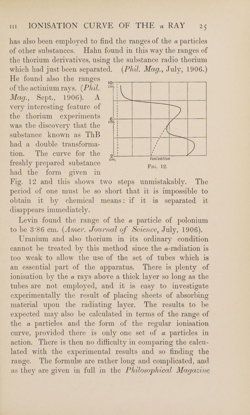 has also been employed to find the ranges of the a particles of other substances. Hahn found in this way the ranges of the thorium derivatives, using the substance radio thorium which had just been separated. [Phil. Mag., July, 1906.) He found also the ranges of the actinium rays. {Phil. Mag., Sept., 1906). A very interesting feature of the thorium experiments was the discovery that the substance known as ThB had a double transforma¬ tion. The curve for the freshly prepared substance had the form given in Fig. 12 and this shows two steps unmistakably. The period of one must be so short that it is impossible to obtain it by chemical means: if it is separated it disappears immediately. Levin found the range of the a particle of polonium to be 3*86 cm. [Amer. Journal of Science, July, 1906). Uranium and also thorium in its ordinary condition cannot be treated by this method since the a-radiation is too weak to allow the use of the set of tubes which is an essential part of the apparatus. There is plenty of ionisation by the a rays above a thick layer so long as the tubes are not employed, and it is easy to investigate experimentally the result of placing sheets of absorbing material upon the radiating layer. The results to be expected may also be calculated in terms of the range of the a particles and the form of the regular ionisation curve, provided there is only one set of a particles in action. There is then no difficulty in comparing the calcu¬ lated with the experimental results and so finding the range. The formulm are rather long and complicated, and as they are given in full in the Philosophical Magazine
