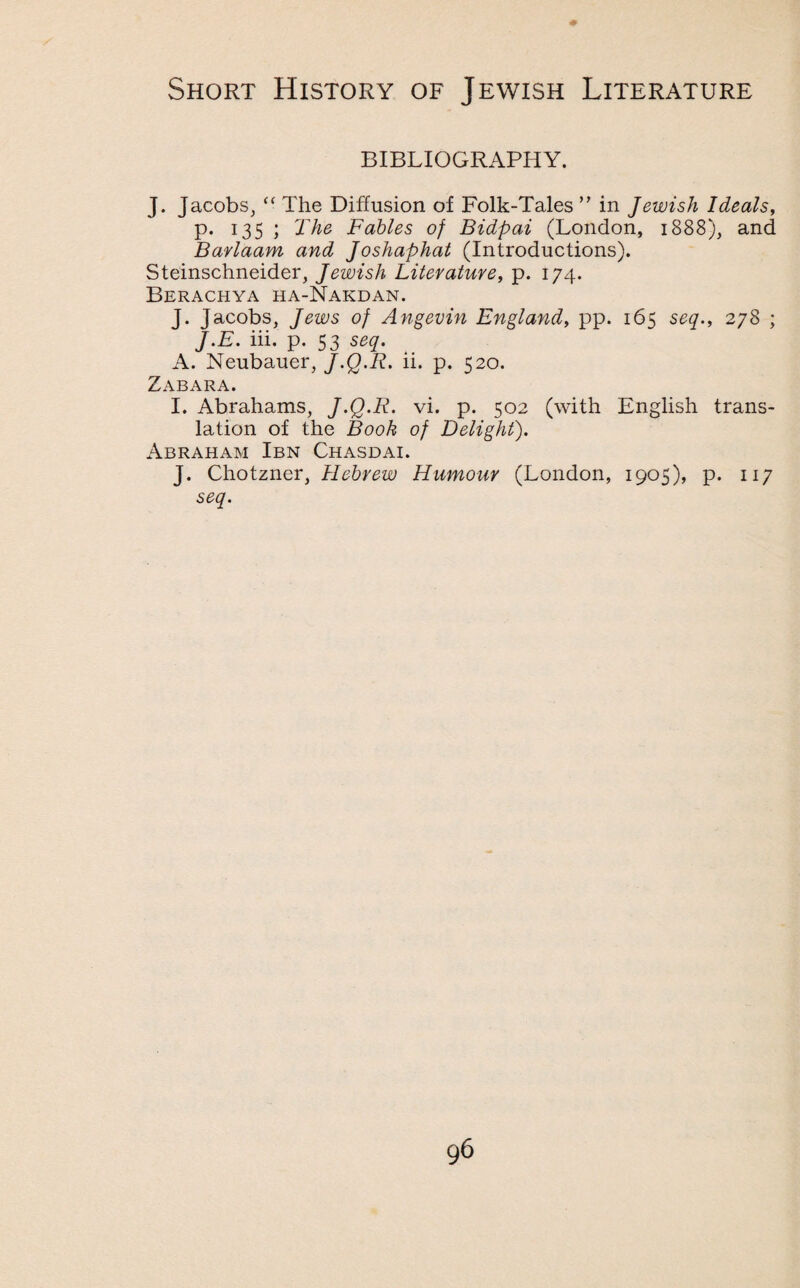 BIBLIOGRAPHY. J. Jacobs, “ The Diffusion of Folk-Tales ” in Jewish Ideals, p. 135 ; rFhe Fables of Bidpai (London, 1888), and Barlaam and Joshaphat (Introductions). Steinschneider, Jewish Literature, p. 174. Berachya ha-Nakdan. J. Jacobs, Jews of Angevin England, pp. 165 seq., 278 ; J-E. iii. p. 53 seq. A. Neubauer, J-Q-R- ii. p. 520. Zabara. I. Abrahams, J-Q-R. vi. p. 502 (with English trans¬ lation of the Book of Delight). Abraham Ibn Chasdai. J. Chotzner, Hebrew Humour (London, 1905), p. 117 seq.