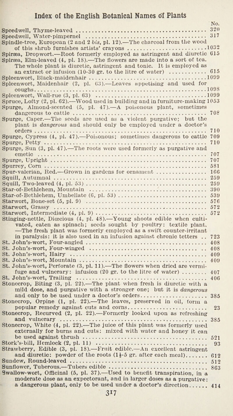 No. Speedwell, Thyme-leaved.• 320 Speedwell, Water-pimpernel . 317 Spindle-tree, European (2 and 2 bis, pi. 12).—The charcoal from the wood of this shrub furnishes artists* crayons.1032 Spiræa, Drop wort.—Root formerly employed as astringent and diuretic 015 Spiraea, Elm-leaved (4, pi. 18).—The flowers are made into a sort of tea. The whole plant is diuretic, astringent and tonic. It is employed as an extract or infusion (10-30 gr. to the litre of water) . G15 Spleen wort, Black-maidenhair.1099 Spleenwort, Maidenhair (2, pi. 03).—Leaves appetising and used for coughs...1098 Spleenwort, Wall-rue (3, pi. 63) .1099 Spruce, Lofty (2, pi. 62).—Wood used in building and in furniture-making 1053 Spurge, Almond-scented (5, pi. 47).—A poisonous plant, sometimes dangerous to cattle. 708 Spurge, Caper.—The seeds are used as a violent purgative; but the plant is dangerous and should only be employed under a doctor’s orders. 710 Spurge, Cypress (4, pi. 47).—Poisonous; sometimes dangerous to cattle 709 Spurge, Petty .. 710 Spurge, Sun (3, pi. 47).—The roots were used formerly as purgative and emetic . 707 Spurge, Upright. 707 Spurrey, Corn. 581 Spur-valerian, Ited.—Grown in gardens for ornament. 166 Squill, Autumnal. 259 Squill, Two-leaved (4, pi. 53). 259 Star-of-Bethlehem, Mountain . 390 Star-of-Bethlehem, Umbellate (6, pi. 53). 539 Starwort, Bone-set (5, pi. 9) . 576 Starwort, Grassy .,. 572 Starwort, Intermediate (4, pi. 9). 572 Stinging-nettle. Dioecious (4, pi. 48).—Young shoots edible when culti¬ vated, eaten as spinach; seeds sought by poultry: textile plant. —The fresh plant was formerly employed as a swift counter-irritant in paralysis: it is also used in an infusion against chronic tetters .. 723 St. John’s-wort, Four-angled..... 408 St. John’s-wort. Four-winged . 408 St. John’s-wort, Hairy ... 409 St. John’s-wort, Mountain. 409 St. John’s-wort. Perforate (3, pi. 11).—The flowers when dried are vermi¬ fuge and vulnerary: infusion (20 gr. to the litre of water). 4 07 St. John’s-wort. Trailing .. 4 06 Stonecrop, Biting (3, pi. 22).—The plant when fresh is diuretic with a mild dose, and purgative with a stronger one; but it is dangerous and only to be used under a doctor’s orders. 385 Stonecrop, Orpine (1, pi. 22).—The leaves, preserved in oil, form a popular remedy against cuts and corns. 23 Stonecrop, Recurved (2, pi. 22).—Formerly looked upon as refreshing and vulnerary . 385 Stonecrop, White (4, pi. 22).—The juice of this plant was formerly used externally for burns and cuts: mixed with water and honey it can be used against thrush. 521 Stork’s-bill, Hemlock (2, pi. 11) . 93 Strawberry, Edible (3, pi. 18).—Fruit edible.—A11 excellent astringent and diuretic: powder of the roots (14-5 gr. after each meal). 612 Sundew, Round-leaved .. . ... 512 Sunflower, Tuberous.—Tubers edible. 863 Swallow-wort. Officinal (5, pi. 37).—Used to benefit transpiration, in a moderate dose as an expectorant, and in larger doses as a purgative: a dangerous plant, only to be used under a doctor’s direction. 414 3X7