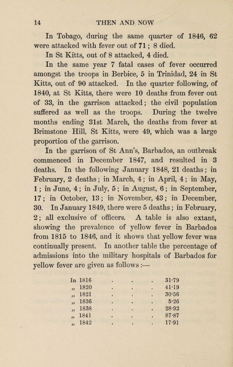 In Tobago, during the same quarter of 1846, 62 were attacked with fever out of 71; 8 died. In St Kitts, out of 8 attacked, 4 died. In the same year 7 fatal cases of fever occurred amongst the troops in Berbice, 5 in Trinidad, 24 in St Kitts, out of 90 attacked. In the quarter following, of 1840, at St Kitts, there were 10 deaths from fever out of 33, in the garrison attacked; the civil population suffered as well as the troops. During the twelve months ending 31st March, the deaths from fever at Brimstone Hill, St Kitts, were 49, which was a large proportion of the garrison. In the garrison of St Ann’s, Barbados, an outbreak commenced in December 1847, and resulted in 3 deaths. In the following January 1848, 21 deaths; in February, 2 deaths; in March, 4; in April, 4; in May, 1; in June, 4; in July, 5; in August, 6; in September, 17; in October, 13; in November, 43; in December, 30. In January 1849, there were 5 deaths ; in February, 2; all exclusive of officers. A table is also extant, showing the prevalence of yellow fever in Barbados from 1815 to 1846, and it shows that yellow fever was continually present. In another table the percentage of admissions into the military hospitals of Barbados for yellow fever are given as follows :— In 1816 • 31-79 „ 1820 • 41-19 „ 1821 • 30-56 „ 1836 • 5-26 „ 1838 o 28-92 „ 1841 • 87-87 „ 1842 • • 17-91