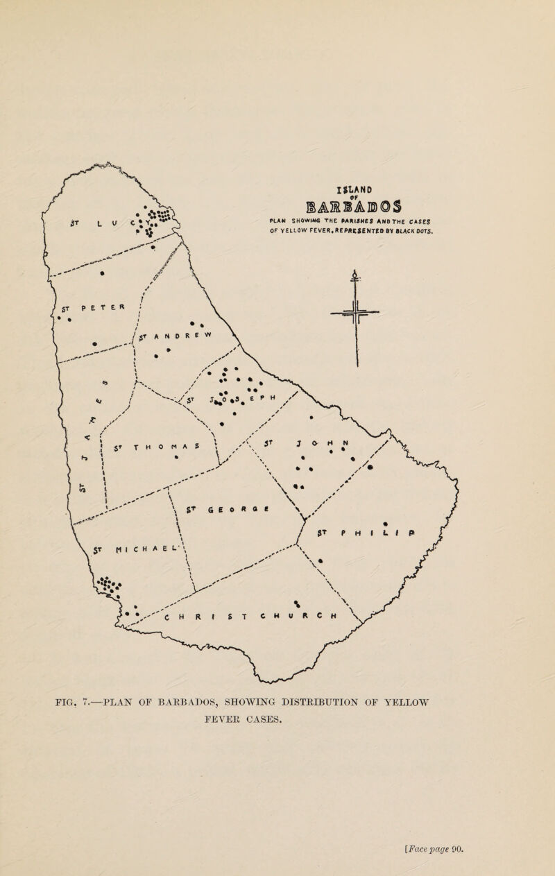 FIG. 7.—PLAN OF BARBADOS, SHOWING DISTRIBUTION OF YELLOW FEVER CASES.