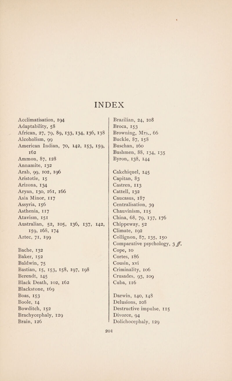 I INDEX Acclimatisation, 194 Adaptability, 58 African, 27, 79, 89, 133, 134, 136, 138 Alcoholism, 99 American Indian, 70, 142, 153, 159, 162 Ammon, 87, 128 Annamite, 132 Arab, 99, 102, 196 Aristotle, 15 Arizona, 134 Aryan, 130, 161, 166 Asia Minor, 117 Assyria, 156 Asthenia, 117 Atavism, 151 Australian, 52, 105, 136, 137, 142, 159, 168, 174 Aztec, 71, 199 Bache, 132 Baker, 152 Baldwin, 75 Bastian, 15, 153, 158, 197, 198 Berendt, 145 Black Death, 102, 162 Blackstone, 169 Boas, 153 Boole, 14 Bowditch, 152 Brachycephaly, 129 Brain, 126 Brazilian, 24, 10S Broca, 153 Browning, Mrs., 66 Buckle, 87, 158 Buschan, 160 Bushmen, 88, 134, 135 Byron, 138, 144 Cakchiquel, 145 Capitan, 83 Castren, 113 Cattell, 132 Caucasus, 187 Centralisation, 39 Chauvinism, 1x5 China, 68, 79, 137, 176 Chippeway, 52 Climate, X92 Collignon, 87, 135, 150 Comparative psychology, 3 ff. Cope, xo Cortes, 186 Cousin, xvi Criminality, 106 Crusades, 93, 109 Cuba, 116 Darwin, 140, 148 Delusions, 108 Destructive impulse, 115 Divorce, 94 Dolichocephaly, 129