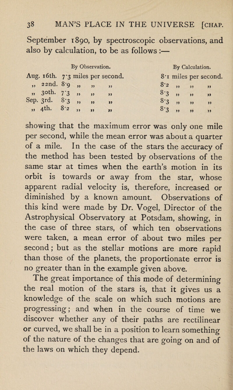 September 1890, by spectroscopic observations, and also by calculation, to be as follows :— By Observation. Aug. 16th. 7-3 miles per second. By Calculation. 8‘ 1 miles per second. „ 22nd. 8-9 „ „ » 3oth. 7*3 „ „ Sep. 3rd. 8-3 „ „ ,, 4tn. 82 ,, ,, showing that the maximum error was only one mile per second, while the mean error was about a quarter of a mile. In the case of the stars the accuracy of the method has been tested by observations of the same star at times when the earths motion in its orbit is towards or away from the star, whose apparent radial velocity is, therefore, increased or diminished by a known amount. Observations of this kind were made by Dr. Vogel, Director of the Astrophysical Observatory at Potsdam, showing, in the case of three stars, of which ten observations were taken, a mean error of about two miles per second; but as the stellar motions are more rapid than those of the planets, the proportionate error is no greater than in the example given above. The great importance of this mode of determining the real motion of the stars is, that it gives us a knowledge of the scale on which such motions are progressing; and when in the course of time we discover whether any of their paths are rectilinear or curved, we shall be in a position to learn something of the nature of the changes that are going on and of the laws on which they depend.