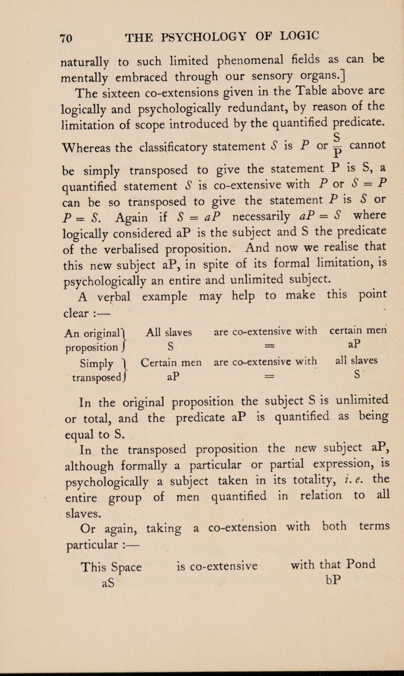 naturally to such limited phenomenal fields as can be mentally embraced through our sensory organs.] The sixteen co-extensions given in the Table above are logically and psychologically redundant, by reason of the limitation of scope introduced by the quantified predicate. S Whereas the classificatory statement S is P or — cannot be simply transposed to give the statement P is S, a quantified statement S is co-extensive with P or S = P can be so transposed to give the statement P is £ or P = S. Again if S = aP necessarily aP = S where logically considered aP is the subject and S the predicate of the verbalised proposition. And now we realise that this new subject aP, in spite of its formal limitation, is psychologically an entire and unlimited subject. A verbal example may help to make this point clear :— An original] All slaves proposition J S Simply ] Certain men transposed / aP are co-extensive with are co-extensive with certain men aP all slaves S In the original proposition the subject S is unlimited or total, and the predicate aP is quantified as being equal to S. In the transposed proposition the new subject aP, although formally a particular or partial expression, is psychologically a subject taken in its totality, i. e. the entire group of men quantified in relation to all slaves. Or again, taking a co-extension with both terms particular :— This Space aS is co-extensive with that Pond bP