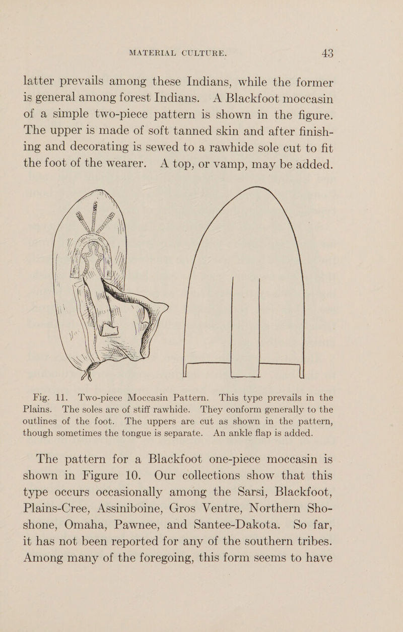 latter prevails among these Indians, while the former is general among forest Indians. A Blackfoot moccasin of a simple two-piece pattern is shown in the figure. The upper is made of soft tanned skin and after finish¬ ing and decorating is sewed to a rawhide sole cut to fit the foot of the wearer. A top, or vamp, may be added. Fig. 11. Two-piece Moccasin Pattern. This type prevails in the Plains. The soles are of stiff rawhide. They conform generally to the outlines of the foot. The uppers are cut as shown in the pattern, though sometimes the tongue is separate. An ankle flap is added. The pattern for a Blackfoot one-piece moccasin is shown in Figure 10. Our collections show that this type occurs occasionally among the Sarsi, Blackfoot, Plains-Cree, Assiniboine, Gros Ventre, Northern Sho¬ shone, Omaha, Pawnee, and Santee-Dakota. So far, it has not been reported for any of the southern tribes. Among many of the foregoing, this form seems to have