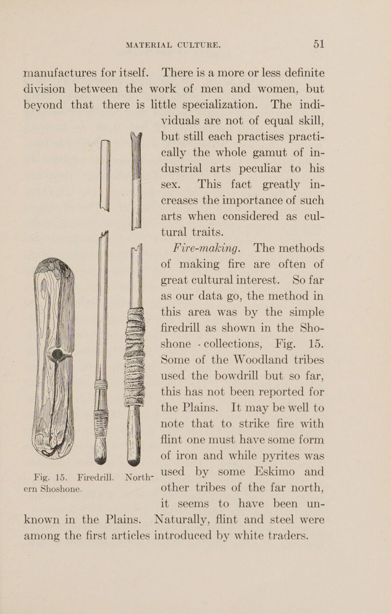 \ N manufactures for itself. There is a more or less definite division between the work of men and women, but beyond that there is little specialization. The indi¬ viduals are not of equal skill, but still each practises practi¬ cally the whole gamut of in¬ dustrial arts peculiar to his sex. This fact greatly in¬ creases the importance of such arts when considered as cul¬ tural traits. Fire-making. The methods of making fire are often of great cultural interest. So far as our data go, the method in this area was by the simple firedrill as shown in the Sho¬ shone ■ collections, Fig. 15. Some of the Woodland tribes used the bowdrill but so far, this has not been reported for the Plains. It may be well to note that to strike fire with flint one must have some form of iron and while pyrites was used by some Eskimo and other tribes of the far north, it seems to have been un¬ known in the Plains. Naturally, flint and steel were among the first articles introduced by white traders. Fig. 15. Firedrill ern Shoshone. North-