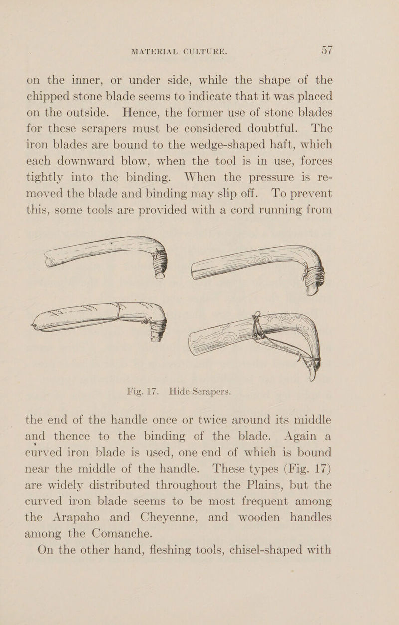 on the inner, or under side, while the shape of the chipped stone blade seems to indicate that it was placed on the outside. Hence, the former use of stone blades for these scrapers must be considered doubtful. The iron blades are bound to the wedge-shaped haft, which each downward blow, when the tool is in use, forces tightly into the binding. When the pressure is re¬ moved the blade and binding may slip off. To prevent this, some tools are provided with a cord running from Hide Scrapers. the end of the handle once or twice around its middle and thence to the binding of the blade. Again a * curved iron blade is used, one end of which is bound near the middle of the handle. These types (Fig. 17) are widely distributed throughout the Plains, but the curved iron blade seems to be most frequent among the Arapaho and Cheyenne, and wooden handles among the Comanche. On the other hand, fleshing tools, chisel-shaped with