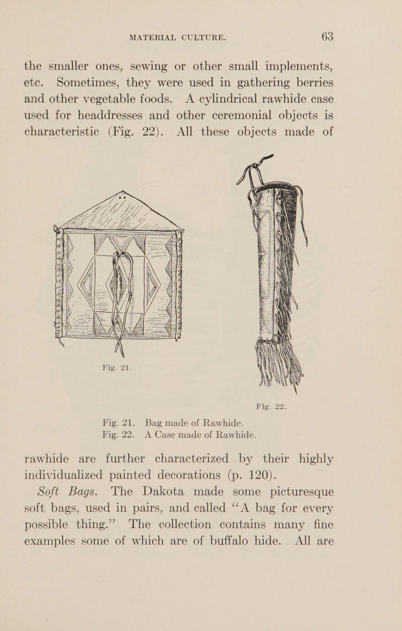 the smaller ones, sewing or other small implements, etc. Sometimes, they were used in gathering berries and other vegetable foods. A cylindrical rawhide case used for headdresses and other ceremonial objects is characteristic (Fig. 22). All these objects made of Fig. 22. Fig. 21. Bag made of Rawhide. Fig. 22. A Case made of Rawhide. rawhide are further characterized by their highly individualized painted decorations (p. 120). Soft Bags. The Dakota made some picturesque soft bags, used in pairs, and called “A bag for every possible thing.” The collection contains many fine examples some of which are of buffalo hide. All are