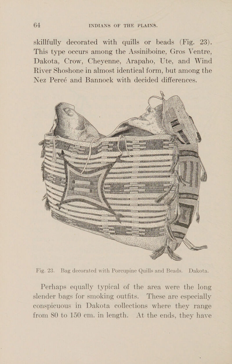 skillfully decorated with quills or beads (Fig. 23). This type occurs among the Assiniboine, Gros Ventre, Dakota, Crow, Cheyenne, Arapaho, Ute, and Wind River Shoshone in almost identical form, but among the Nez Perce and Bannock with decided differences. Fig. 23. Bag decorated with Porcupine Quills and Beads. Dakota. Perhaps equally typical of the area were the long slender bags for smoking outfits. These are especially conspicuous in Dakota collections where they range from 80 to 150 cm. in length. At the ends, they have