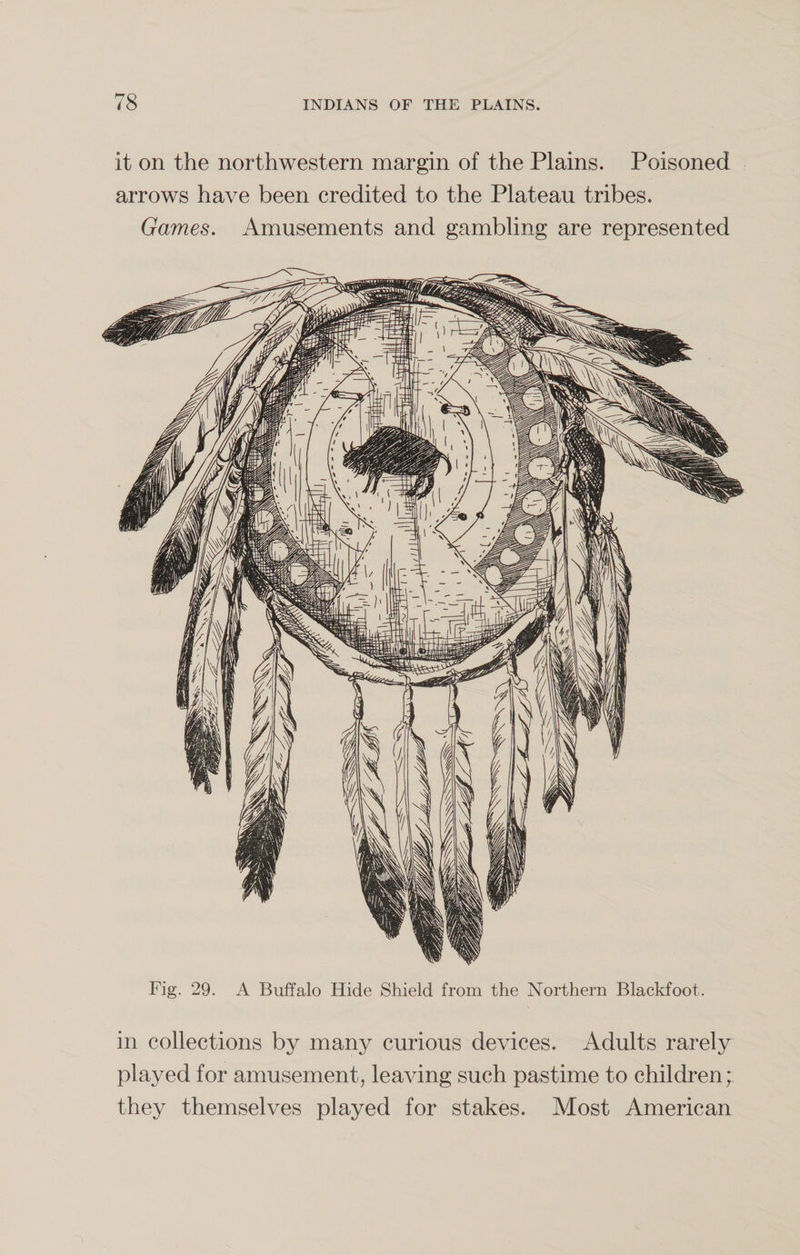 it on the northwestern margin of the Plains. Poisoned arrows have been credited to the Plateau tribes. Games. Amusements and gambling are represented Fig. 29. A Buffalo Hide Shield from the Northern Blackfoot. in collections by many curious devices. Adults rarely played for amusement, leaving such pastime to children; they themselves played for stakes. Most American