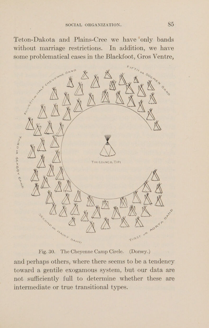 Teton-Dakota and Plains-Cree we have only bands without marriage restrictions. In addition, we have some problematical cases in the Blackfoot, Gros Ventre, Fig. 30. The Cheyenne Camp Circle. (Dorsey.) and perhaps others, where there seems to be a tendency toward a gentile exogamous system, but our data are not sufficiently full to determine whether these are intermediate or true transitional types.