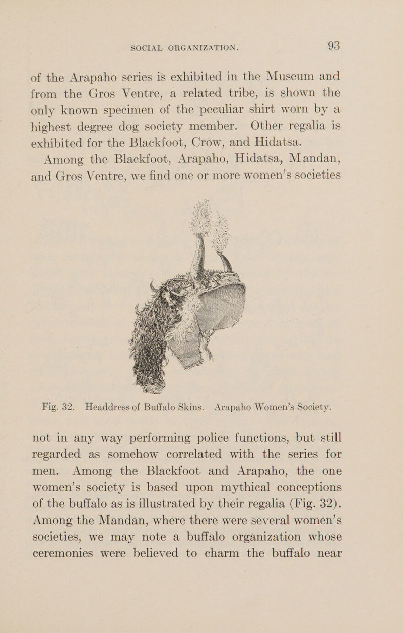 of the Arapaho series is exhibited in the Museum and from the Gros Ventre, a related tribe, is shown the only known specimen of the peculiar shirt worn by a highest degree dog society member. Other regalia is exhibited for the Blackfoot, Crow, and Hidatsa. Among the Blackfoot, Arapaho, Hidatsa, Mandan, and Gros Ventre, we find one or more women’s societies Fig. 32. Headdress of Buffalo Skins. Arapaho Women’s Society. not in any way performing police functions, but still regarded as somehow correlated with the series for men. Among the Blackfoot and Arapaho, the one women’s society is based upon mythical conceptions of the buffalo as is illustrated by their regalia (Fig. 32). Among the Mandan, where there were several women’s societies, we may note a buffalo organization whose ceremonies were believed to charm the buffalo near