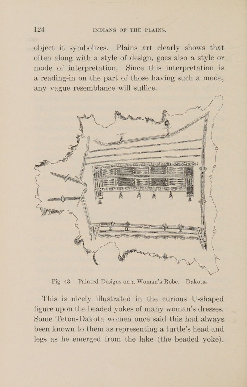 object it symbolizes. Plains art clearly shows that often along with a style of design, goes also a style or mode of interpretation. Since this interpretation is a reading-in on the part of those having such a mode, any vague resemblance will suffice. Fig. 43. Painted Designs on a Woman’s Robe. Dakota. This is nicely illustrated in the curious IJ-shaped figure upon the beaded yokes of many woman’s dresses. Some Teton-Dakota women once said this had always been known to them as representing a turtle’s head and legs as he emerged from the lake (the beaded yoke).