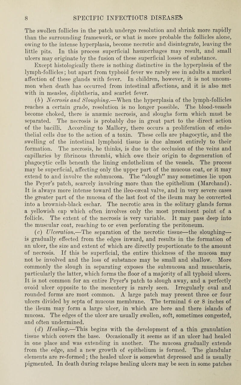 The swollen follicles in the patch undergo resolution and shrink more rapidly than the surrounding framework, or what is more probable the follicles alone, owing to the intense hyperplasia, become necrotic and disintegrate, leaving the little pits. In this process superficial haemorrhages may result, and small ulcers may originate by the fusion of these superficial losses of substance. Except histologically there is nothing distinctive in the hyperplasia of the lymph-follicles; but apart from typhoid fever we rarely see in adults a marked affection of these glands with fever. In children, however, it is not uncom¬ mon when death has occurred from intestinal affections, and it is also met with in measles, diphtheria, and scarlet fever. (b) Necrosis and Sloughing.—When the hyperplasia of the lymph-follicles reaches a certain grade, resolution is no longer possible. The blood-vessels become choked, there is anaemic necrosis, and sloughs form which must be separated. The necrosis is probably due in great part to the direct action of the bacilli. According to Mallory, there occurs a proliferation of endo¬ thelial cells due to the action of a toxin. These cells are phagocytic, and the swelling of the intestinal lymphoid tissue is due almost entirely to their formation. The necrosis, he thinks, is due to the occlusion of the veins and capillaries by fibrinous thrombi, which owe their origin to degeneration of phagocytic cells beneath the lining endothelium of the vessels. The process may be superficial, affecting only the upper part of the mucous coat, or it may extend to and involve the submucosa. The “slough” may sometimes lie upon the PeyeEs patch, scarcely involving more than the epithelium (Marchand). It is always more intense toward the ileo-caecal valve, and in very severe cases the greater part of the mucosa of the last foot of the ileum may be converted into a brownish-black eschar. The necrotic area in the solitary glands forms a yellowish cap which often involves only the most prominent point of a follicle. The extent of the necrosis is very variable. It may pass deep into the muscular coat, reaching to or even perforating the peritoneum. (c) Ulceration.—The separation of the necrotic tissue—the sloughing— is gradually effected from the edges inward, and results in the formation of an ulcer, the size and extent of which are directly proportionate to the amount of necrosis. If this be superficial, the entire thickness of the mucosa may not be involved and the loss of substance may be small and shallow. More commonly the slough in separating exposes the submucosa and muscularis, particularly the latter, which forms the floor of a majority of all typhoid ulcers. It is not common for an entire PeyeEs patch to slough away, and a perfectly ovoid ulcer opposite to the mesentery is rarely seen. Irregularly oval and rounded forms are most common. A large patch may present three or four ulcers divided by septa of mucous membrane. The terminal 6 or 8 inches of the ileum may form a large ulcer, in which are here and there islands of mucosa. The edges of the ulcer are usually swollen, soft, sometimes congested, and often undermined. (d) Healing.—This begins with the development of a thin granulation tissue which covers the base. Occasionally it seems as if an ulcer had healed in one place and was extending in another. The mucosa gradually extends from the edge, and a new growth of epithelium is formed. The glandular elements are re-formed; the healed ulcer is somewhat depressed and is usually pigmented. In death during relapse healing ulcers may be seen in some patches