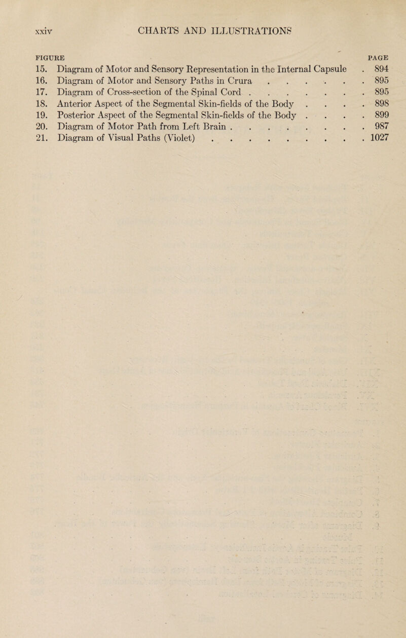 FIGURE PAGE 15. Diagram of Motor and Sensory Representation in the Internal Capsule . 894 16. Diagram of Motor and Sensory Paths in Crura.895 17. Diagram of Cross-section of the Spinal Cord.895 18. Anterior Aspect of the Segmental Skin-fields of the Body .... 898 19. Posterior Aspect of the Segmental Skin-fields of the Body .... 899 20. Diagram of Motor Path from Left Brain.987 21. Diagram of Visual Paths (Violet).1027