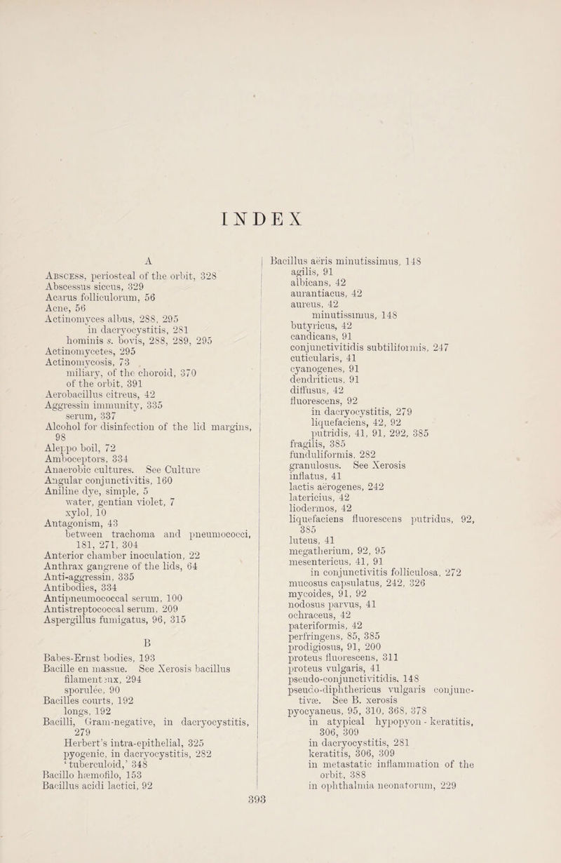 INDEX A Abscess, periosteal of the orbit, 328 Abscessus siccus, 329 Acarus folliculorum, 56 Acne, 56 Actinomyces albus, 288, 295 in dacryocystitis, 281 hominis s. bovis, 288, 289, 295 Actinomycetes, 295 Actinomycosis, 73 miliary, of the choroid, 370 of the orbit, 391 Aerobacillus citreus, 42 Aggressin immunity, 335 serum, 337 Alcohol for disinfection of the lid margins, 98 Aleppo boil, 72 Amboceptors, 334 Anaerobic cultures. See Culture Angular conjunctivitis, 160 Aniline dye, simple, 5 water, gentian violet, 7 xylol, 10 Antagonism, 43 between trachoma and pneumococci, 181, 271, 304 Anterior chamber inoculation, 22 Anthrax gangrene of the lids, 64 Anti-aggressin, 335 Antibodies, 334 Antipneumococcal serum, 100 Antistreptococcal serum, 209 Aspergillus fumigatus, 96, 315 B Babes-Ernst bodies, 193 Bacille en massue. See Xerosis bacillus filament3ux, 294 sporulee, 90 Bacilles courts, 192 longs, 192 Bacilli, Gram-negative, in dacryocystitis, 279 Herbert’s intra-epithelial, 325 pyogenic, in dacryocystitis, 282 ‘ tuberculoid,’ 348 Bacillo haemofilo, 153 Bacillus acidi lactici, 92 Bacillus aeris minutissimus, 148 agilis, 91 albicans, 42 aurantiacus, 42 aureus, 42 minutissimus, 148 butyricus, 42 candicans, 91 conjunctivitidis subtiliformis, 247 cuticularis, 41 cyanogenes, 91 dendriticus, 91 diffusus, 42 fluorescens, 92 in dacryocystitis, 279 liquefaciens, 42, 92 putridis] 41, 91, 292, 385 fragilis, 385 funduliformis, 282 granulosus. See Xerosis inflatus, 41 lactis aerogenes, 242 latericius, 42 liodermos, 42 liquefaciens fluorescens putridus, 92, 385 lute ns, 41 megatherium, 92, 95 mesentericus, 41, 91 in conjunctivitis folliculosa, 272 mucosus capsulatus, 242, 326 mycoides, 91, 92 nodosus parvus, 41 ochraceus, 42 pateriformis, 42 perfringens, 85, 385 prodigiosus, 91, 200 proteus fluorescens, 311 proteus vulgaris, 41 pseudo-con j unctivitidis, 148 pseudo-diphthericus vulgaris conjunc¬ tivae. See B. xerosis pyocyaneus, 95, 310, 368, 378 in atypical hypopyon - keratitis, 306, 309 in dacryocystitis, 281 keratitis, 306, 309 in metastatic inflammation of the orbit, 388 in ophthalmia neonatorum, 229